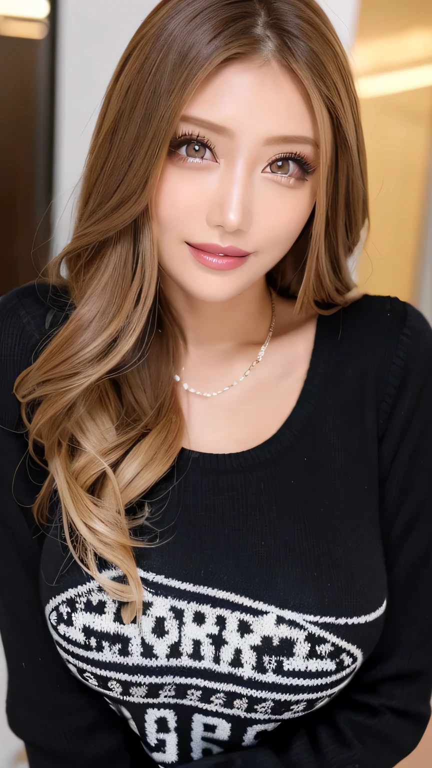( cowboy shooting、 top quality、8k、16k、 award-winning works 、 super high definition)、 beautiful woman、( Black sweater , Sexy cleavage:1.1)、Perfect big breasts、( blonde alone :1.1)、 beautiful skin that shines with bright, Glossy lipstick 、 a lot of people stand out with clear images 、 bright color contacts 、Perfect gal makeup、 Perfect for an adorable companion 、( Dark makeup for women :1.2)、( dark brown beige around the eyes :1.1)、 Beautiful Bright Eye Shadow 、 dark sexy makeup around the eyes 、(Big Breasts:1.2)、 super long wavy hair 、(Romantic affection:1.1)、 amazing adult sex appeal The best smile he has when he sees me 、( there are many people that accentuate body lines ..:1.1)、(Strongly blurred、 a 。:1.1)、( The image is clear 、 jacket :1.1)、 accurate anatomy、 ultra HD hair、( Super High Definition Perfect Beautiful Teeth:1.1)、Kinkily sexy 、 Ultra HD beautiful face 、 ultra HD hair、 crystal clear bang 、Ultra HD Shining Eyes、Shining Super High Definition Beautiful Skin 、 super high definitionの艶やかな唇、 Harry Winston necklace