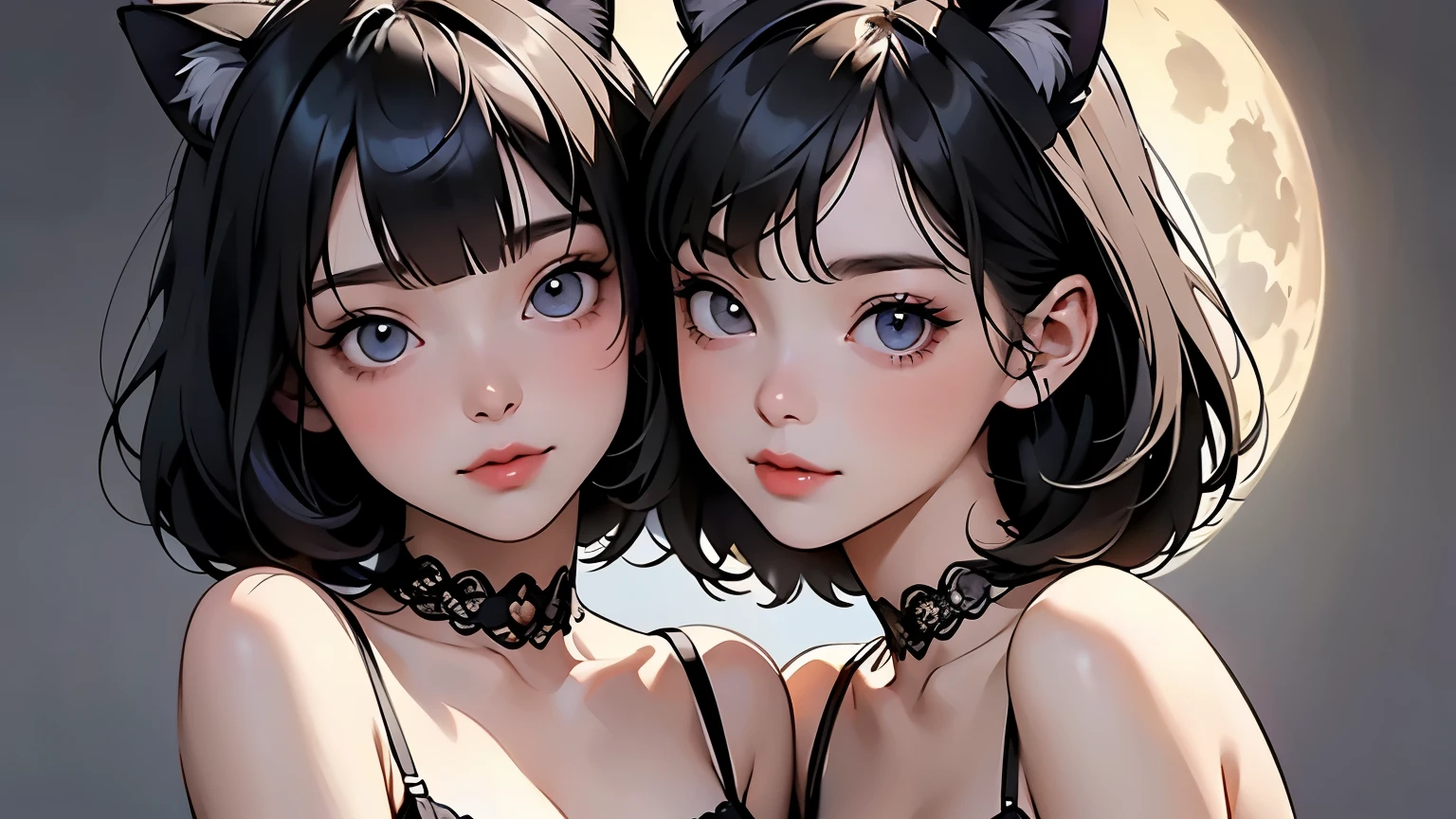 (   two girls :1.2)、whole body、(  Gothic World Tea Party  :1.2)、(   gothic fashion :1.2)、(   they're kissing each other   )、 (  depict cute faces in detail  )、   black hair、   short hair、   semi-long、   bob cut、 bangs、   hair ornament、(Cat ears)、   black cat costume、  White cat costume    、   choker 、(   lingerie)、    off shoulder  、   sexy mini dress、, , , charming smile、   small breasts、   soft focus、    Cinematic Light  、Soft light、 (   simple background)、(  dark background  )、(( Use a plain background  ))、(Full moon in the night sky)、4K Anime Art、(   best quality   , Masterpiece,   high resolution)、