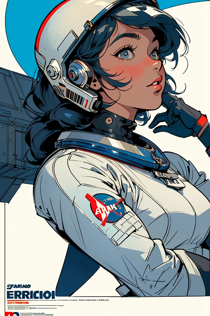 (((masterpiece,best quality))),(((((solo1girl :1.2))),(Retro Vintage Movie poster),(astronauts),(((Futuristic))),(((background : Incredibly Simple))),((Looking up angle))