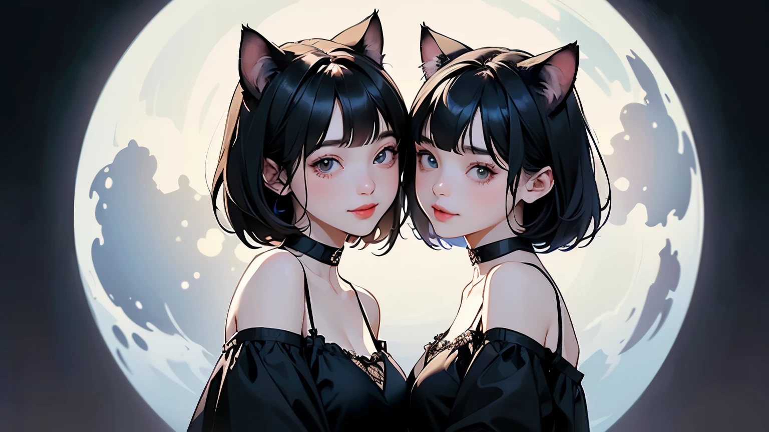 (   two girls :1.2)、whole body、(  Gothic World Tea Party  :1.2)、(   gothic fashion :1.2)、(   they're kissing each other   )、 (  depict cute faces in detail  )、   black hair、   short hair、   semi-long、   bob cut、 bangs、   hair ornament、(Cat ears)、   black cat costume、  White cat costume    、   choker 、(   lingerie)、    off shoulder  、   sexy mini dress、, , , charming smile、   small breasts、   soft focus、    Cinematic Light  、Soft light、 (   simple background)、(  dark background  )、(( Use a plain background  ))、(Full moon in the night sky)、4K Anime Art、(   best quality   , Masterpiece,   high resolution)、