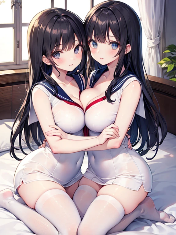 tmasterpiece, Best quality at best, finely detailled, A high resolution, Extremely refined and beautiful, 1womanl, looking at viewert, face to the viewer, Long black hair, 独奏,(full bodyesbian:2),A mother,Big breasts wife,a sailor suit,Bedrooms,Showing underwear
