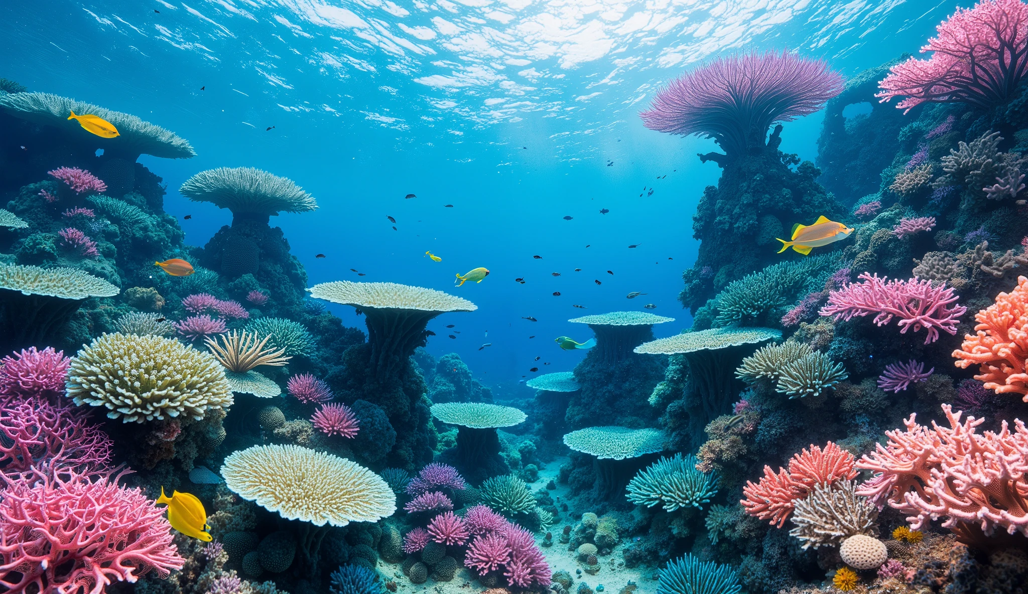 (In the water), Undersea heaven ,((Huge table corals with lots of fluorescent green branches stand in the center)),(( coral reefs with dense hard corals and soft corals )),Realistic Expression , shot with a fisheye lens ,(( Multiple Fluorescent Green Corals )), (( are filled with 10,000 natural coral groups with lots of extremely colorful colors)), (Lots of butterfish are swimming ),(( lots of green and blue soft corals that emit fluorescent colors )), crystal clear water, , strong sunshine ,Vast coral reefs ,Detailed seaweed ,( lots of colorful tropical fish), large blue tropical fish , myriad cobalt sparrows , seahorses, lots of psychedelic starfish on the seabed , life, lively colors, Serene atmosphere, Quiet, Swaying seaweed , array of vibrant colors ) , ( best quality , high resolution:1.2), (In the water photography), ( lively), ( soft diffused lighting ), Orchestra of Highly Coloured Corals, Vast Seas ,Coral Reef,