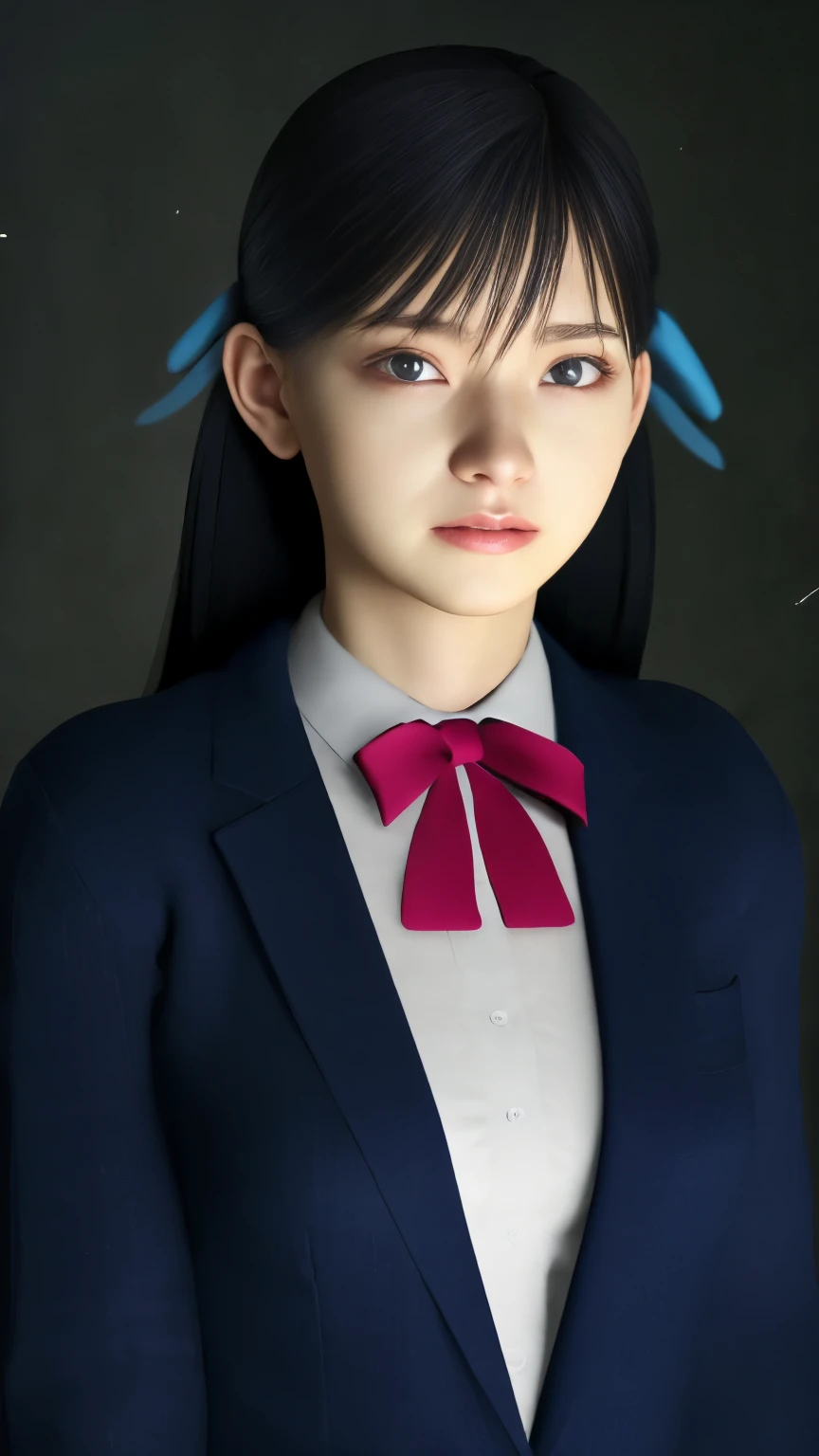 ( Extremely Detailed CG Unity 8K Wallpaper ,masterpiece,  best quality ,  Ultra Details,  looking at the camera ,  light on face , Gray background),  A -yeld fee old lady ,  old innocent student woman , Hair is black,  my hair is semi-long , School