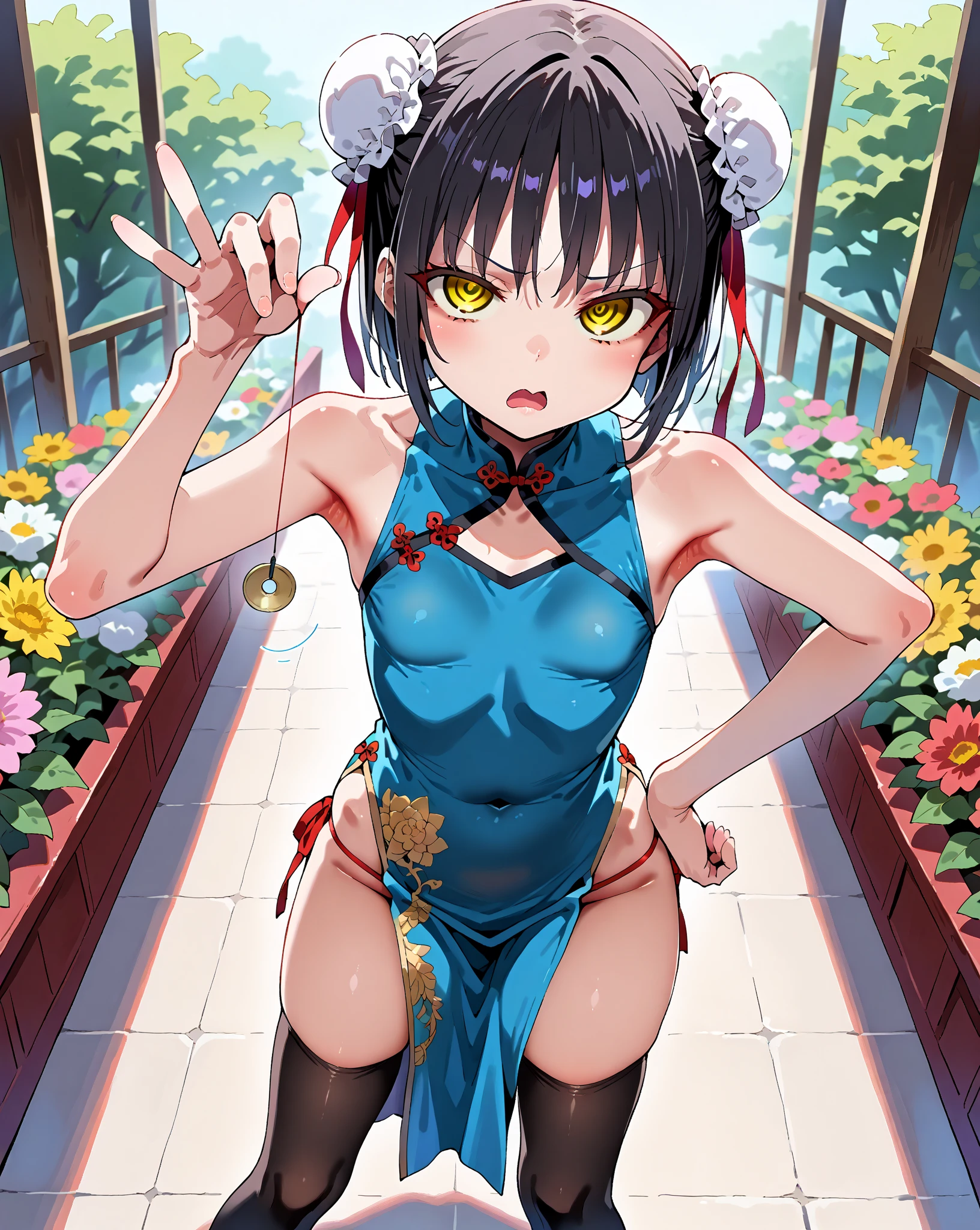 ruanyi0069, china dress, no panties, cross-laced clothes, bare shoulders, side slit, Pelvic curtain,
Night Bar,
fighter \(dq3\),dq3,Female Warrior,((Highest quality)), ((masterpiece)),(detailed),High resolution,Sharp focus,Perfect Face,{best illustration},(complete anatomy),
shiny 肌,very shiny 肌,Shiny body,plastic glitter 肌,exaggerated shiny 肌,illuminated 肌,curvy,
(非常にdetailed CG unity 8k wallpaper),(((Vibrant colors))),Sharp Eye,Medium chest,(Perfect body,Perfect breasts,Perfect Fingers),
Official Art 1 Girl,Twin tails,Black Hair,Dark Eyes, hair ornaments,Hair Bobble,
Muscular,Firm Abdomen,Long legs, Dripping Sweat,
seductive smile, embarrassed,
arms behind back, straddling, spread legs, knees away, (angle from below:1.2),