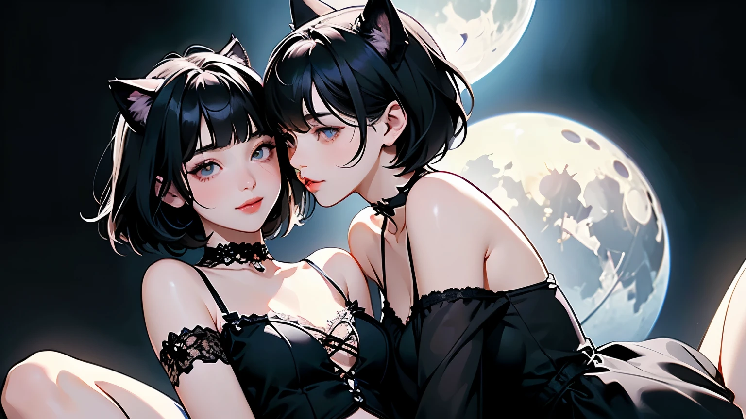 ( two girls :1.2)、whole body、( Gothic World Tea Party :1.2)、( gothic fashion :1.2)、( they're kissing each other )、 ( depict cute faces in detail )、 black hair、 short hair、 semi-long、 bob cut、 bangs、 hair ornament、(Cat ears)、 black cat costume、 White cat costume 、 choker 、( lingerie)、 off shoulder 、 sexy mini dress、, , , charming smile、 small breasts、 soft focus、 Cinematic Light 、Soft light、 ( simple background)、( dark background )、(( Use a plain background ))、(Full moon in the night sky)、4K Anime Art、( best quality , Masterpiece, high resolution)、