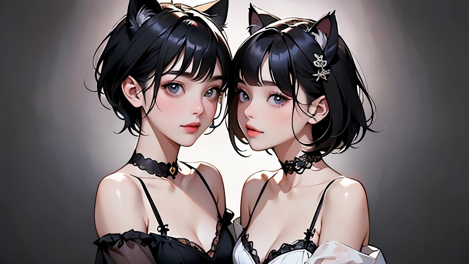 (highest quality, masterpiece, High resolution)、(anime art)、,cinematic light、soft light、two girls、some girls、black hair、Black cat costume、White Cat Costume、Tabby cat costume、Striped cat costume、Persian Cat Costume、3-color cat costume、(loose t-shirt)、loose shirt、off shoulder、sexy mini dress、Cat ear、bob cut、semi-long、bun hair、hair ornaments、choker、Cute face details、enchanting smile、small breasts、whole body、(cat pose)、beckoning、playing、(Kissing each other&#39;nose)、dance、busy、Cat jarashi、Crackers explode、 decoration、((white background))、