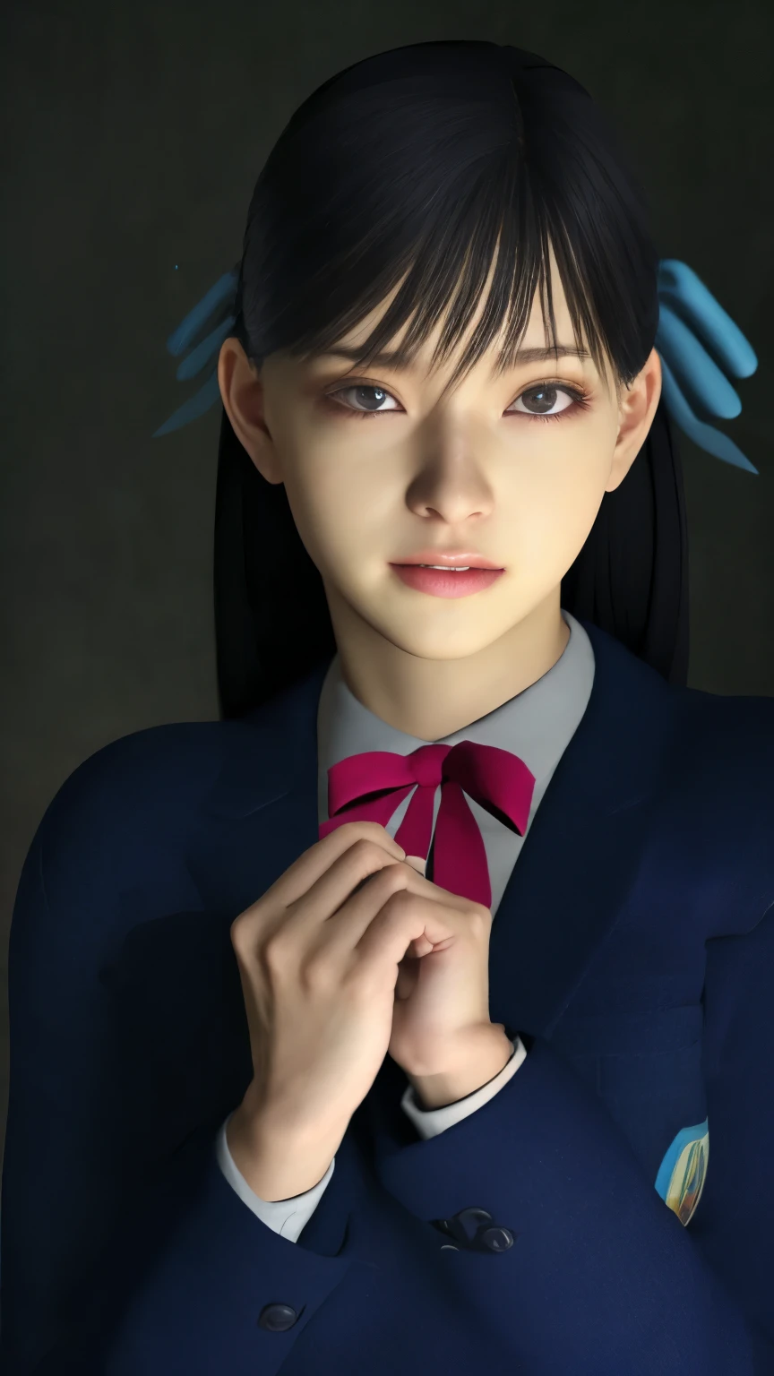 ( Extremely Detailed CG Unity 8K Wallpaper ,masterpiece, best quality , Ultra Details, looking at the camera , light on face , Gray background), A 17-year-old female old lady , old innocent student woman , Hair is black, my hair is semi-long , School