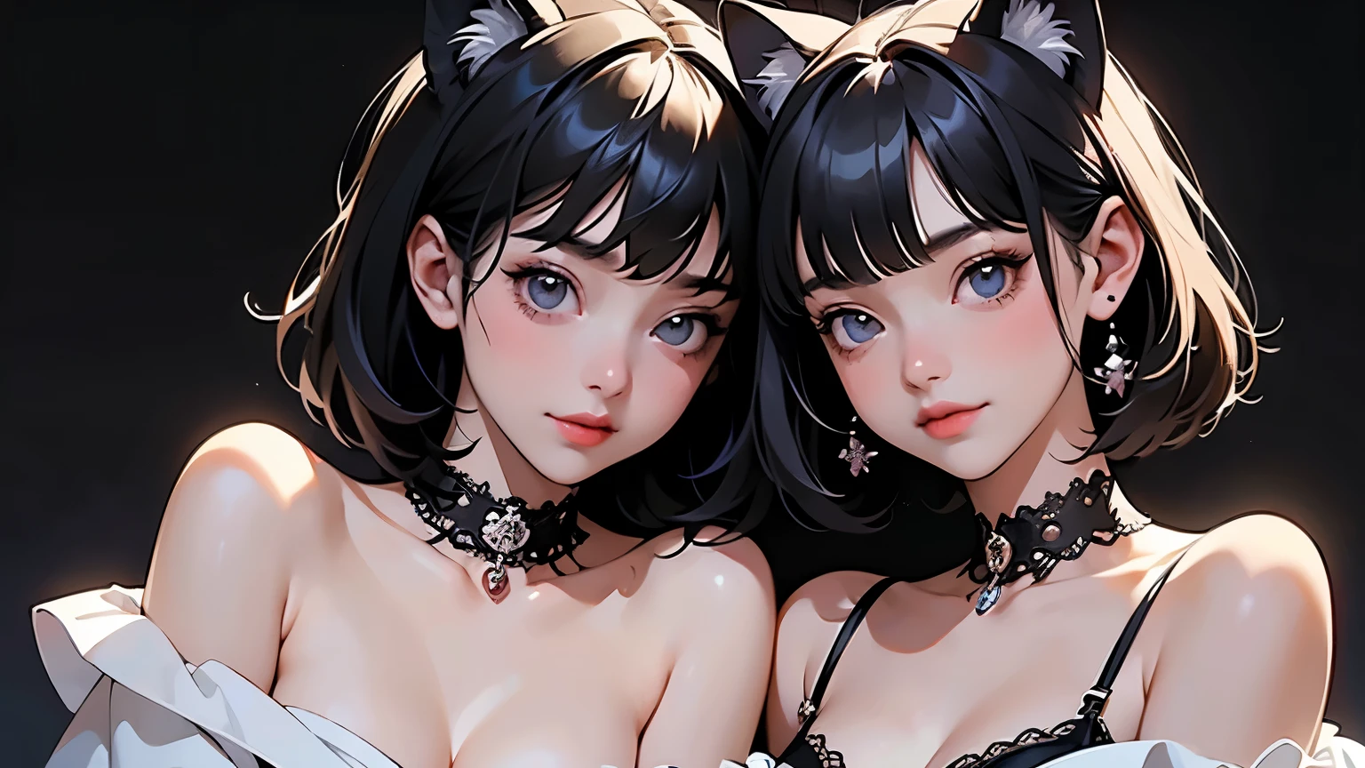 ( two girls :1.2)、whole body、( Gothic World Tea Party :1.2)、( gothic fashion :1.2)、( they're kissing each other )、 ( depict cute faces in detail )、 black hair、 short hair、 semi-long、 bob cut、 bangs、 hair ornament、(Cat ears)、 black cat costume、 White cat costume 、 choker 、( lingerie)、 off shoulder 、 sexy mini dress、, , , charming smile、 small breasts、 soft focus、 Cinematic Light 、Soft light、 ( simple background)、( dark background )、(( Use a plain background ))、4K Anime Art、( best quality , Masterpiece, high resolution)、