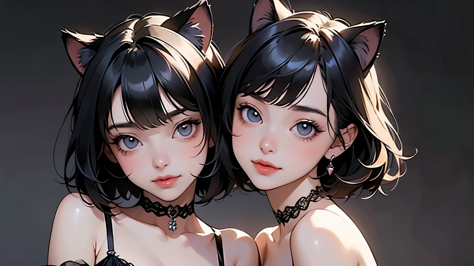 (   two girls :1.2)、whole body、(  Gothic World Tea Party  :1.2)、(   gothic fashion :1.2)、(   they're kissing each other   )、 (  depict cute faces in detail  )、   black hair、   short hair、   semi-long、   bob cut、 bangs、   hair ornament、(Cat ears)、   black cat costume、  White cat costume    、   choker 、(   lingerie)、    off shoulder  、   sexy mini dress、, , , charming smile、   small breasts、   soft focus、    Cinematic Light  、Soft light、 (   simple background)、(  dark background  )、(( Use a plain background  ))、4K Anime Art、(   best quality   , Masterpiece,   high resolution)、