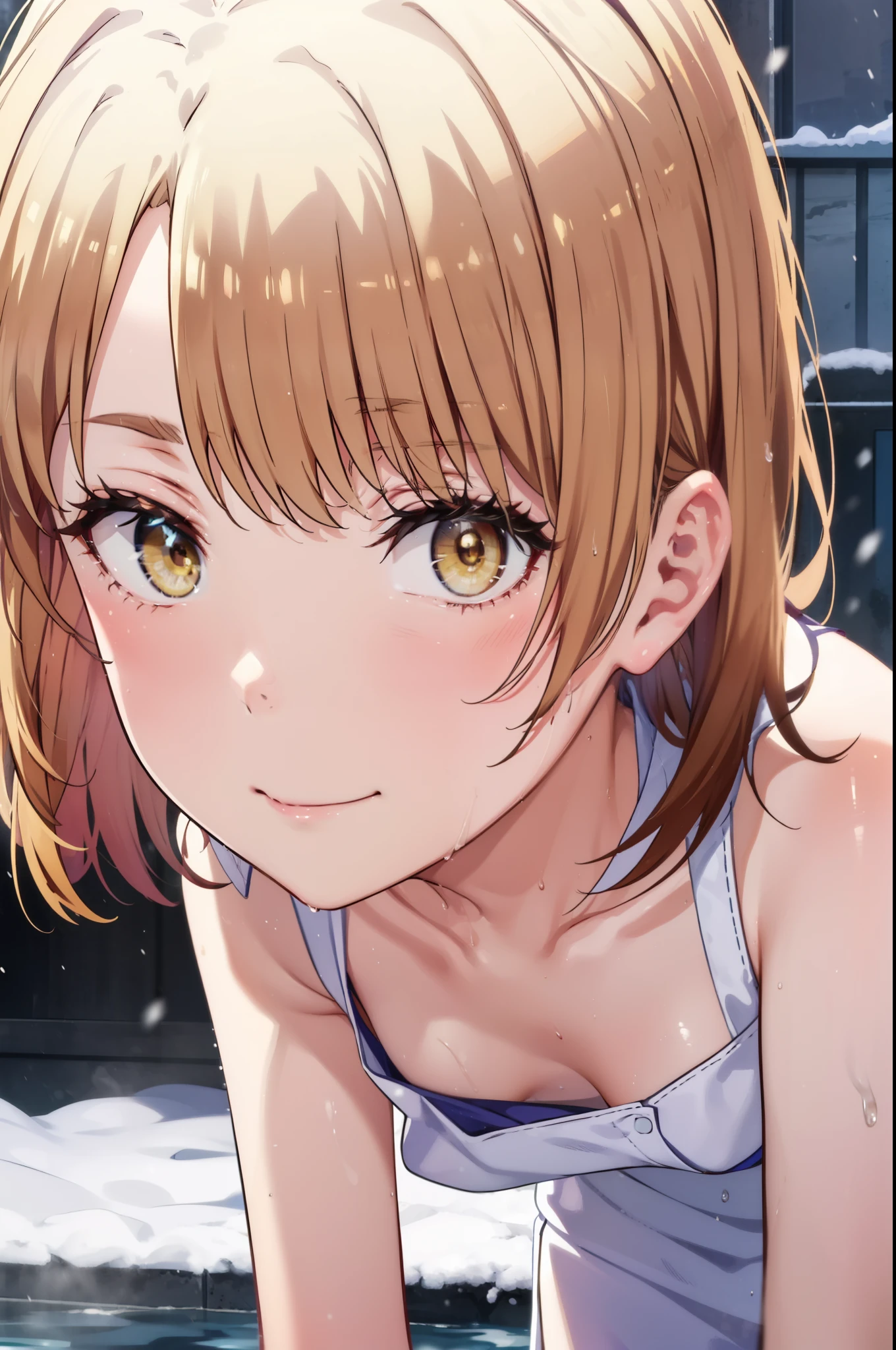 Irohaisshiki, Isshiki Iroha , short hair, tea hair, ( brown eyes:1.5), smile, naked towel, on all fours, wet hair,Wet Naked, wet towel, hands on chest,Single chauban,smile,blush, mouths,Medium breast, cleavage in years,winter,snow,Soup,whole bodyがイラストに入るように,
break outdoors, outdoor hot springs,
break looking at viewer,whole body,
break (Masterpiece:1.2), best quality , high resolution, Unity 8k Wallpaper, (illustration:0.8), ( eyes drawn in beautiful detail:1.6), very detailed face, Perfect Lighting , highly detailed CG, (perfect hand, perfect anatomy),