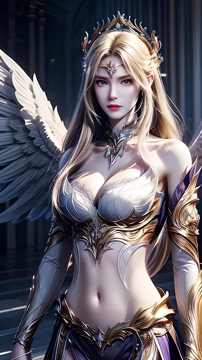 top quality、​Masterpiece、ultra high resolution、(Realism:1.4)、original photo、Battle Angel、large wings made of metal、White porcelain body、Acrylic transparent cover、white hair、shiny skin、1 girl、((Super realistic details))、Potrat、global illumination、shadow、octane rendering、8k、Super sharp、Character edge light,huge 、Raw skin exposed at cleavage、Intricate jewelry details、More information about Greek、Hydraulic cylinder、small LED light、Highly intricate details、realistic light、purple eyes、radiant eyes、face camera、Neon details、cowboy shooting、Futuristic headgear(huge breasts: 1.2)，(((big breasts))), , (((spread legs)))，long hair,(long legs:1.2),Physically based rendering,Too mouthful