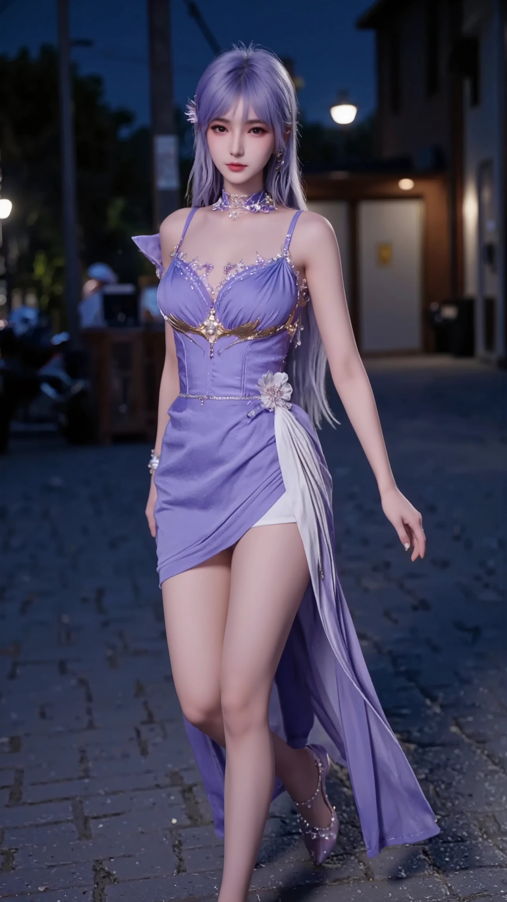 8K, surreal, masterpiece, best quality, Very detailed, high resolution, Random Background, 1 girl, (:1.5), Yao Liuer, White Dress,translucent,whole body,High heel white transparent wedding dress,High heel,whole body,Purple Hair,Light mines