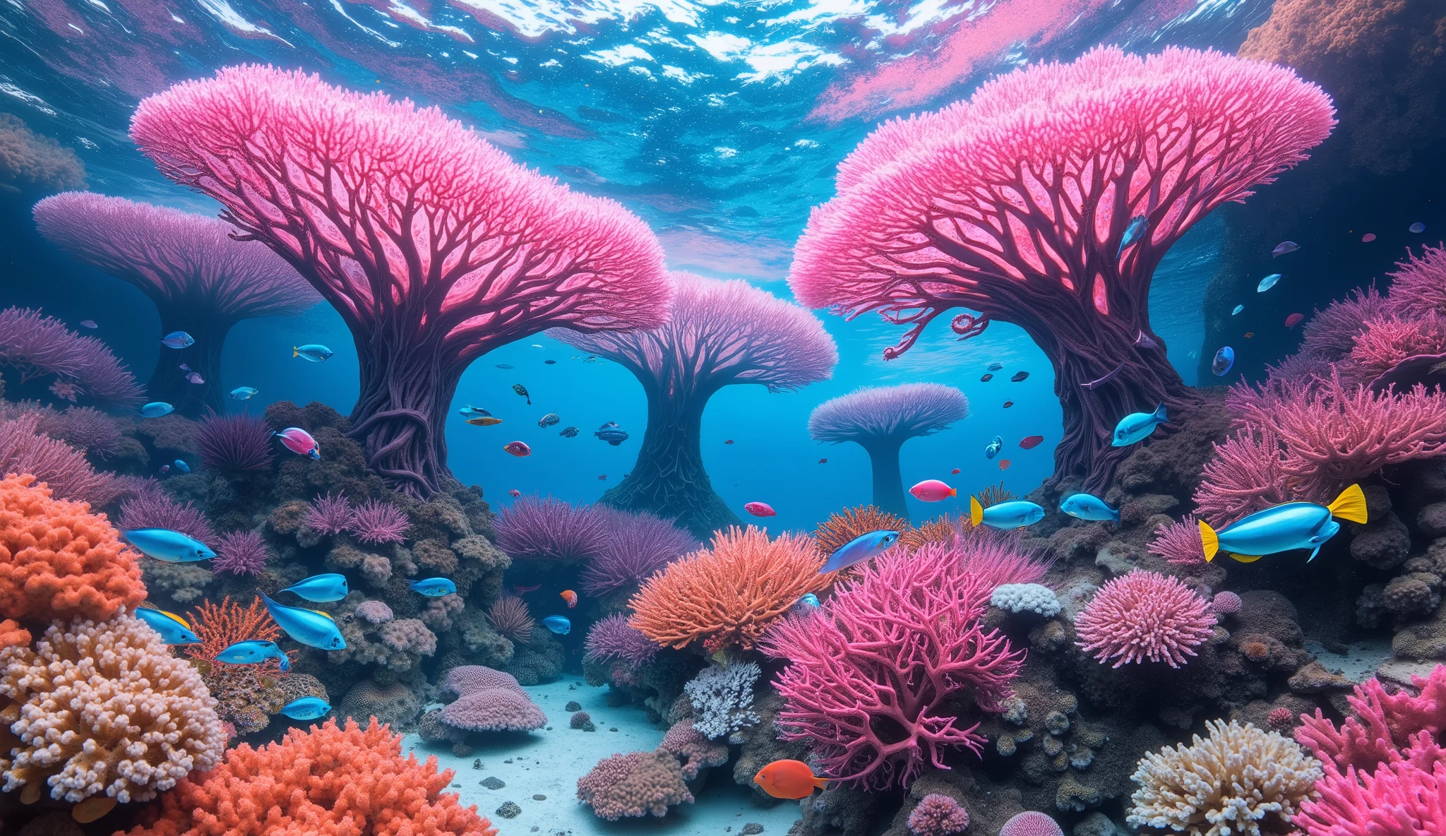 (In the water), Undersea heaven ,((Huge table corals with lots of fluorescent green branches stand in the center)),(( coral reefs with dense hard corals and soft corals )),Realistic Expression , shot with a fisheye lens ,(( Multiple Fluorescent Green Corals )), (( are filled with 10,000 natural coral groups with lots of extremely colorful colors)), (Lots of butterfish are swimming ),(( lots of green and blue soft corals that emit fluorescent colors )), crystal clear water, , strong sunshine ,Vast coral reefs ,Detailed seaweed ,( lots of colorful tropical fish), large blue tropical fish , myriad cobalt sparrows , seahorses, lots of psychedelic starfish on the seabed , life, lively colors, Serene atmosphere, Quiet, Swaying seaweed , array of vibrant colors ) , ( best quality , high resolution:1.2), (In the water photography), ( lively), ( soft diffused lighting ), Orchestra of Highly Coloured Corals, Vast Seas ,Coral Reef,