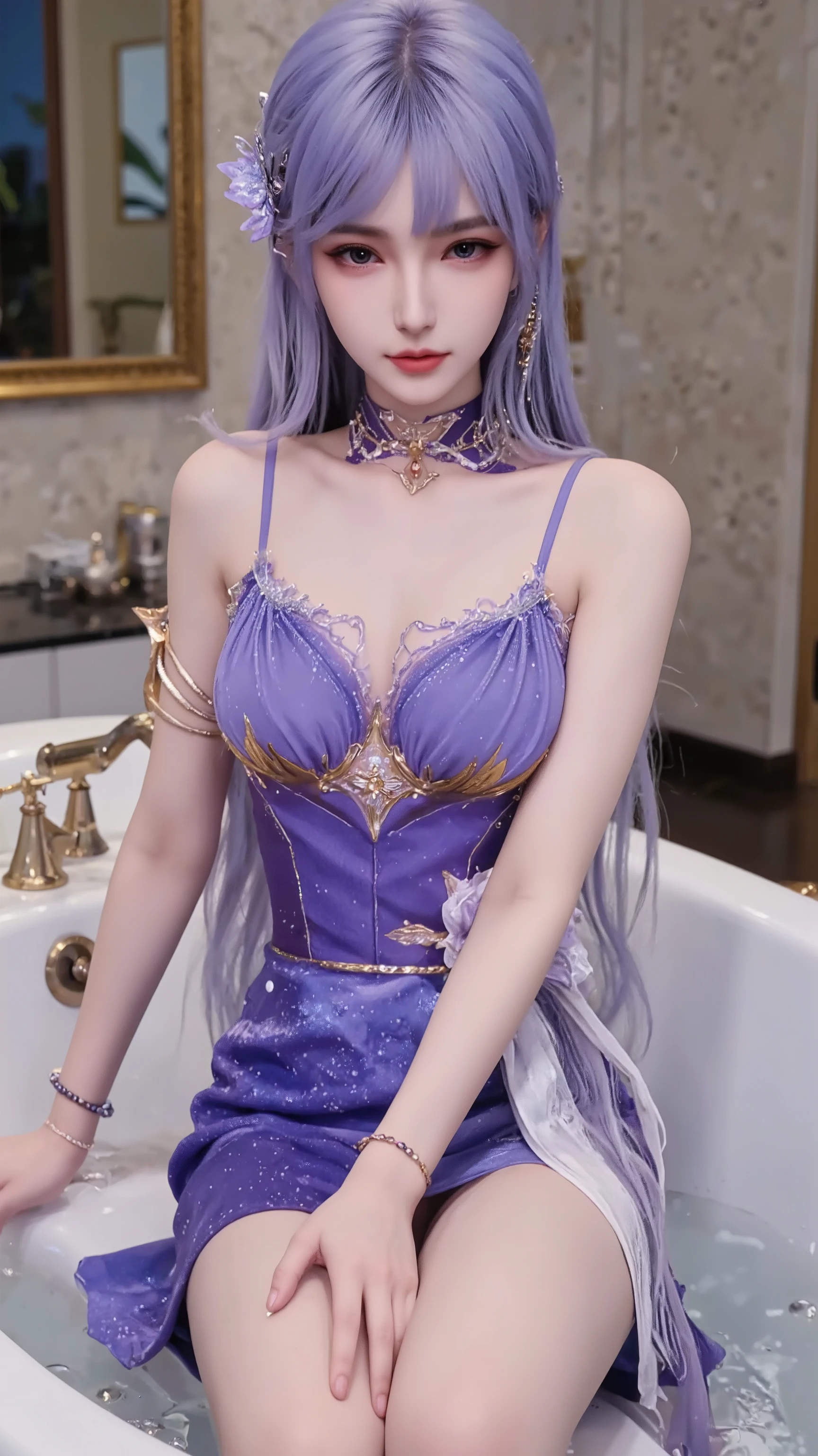 A female elf，Wearing a purple silk dress，Wearing purple gemstones on the chest。Long purple hair and pupils，Pink patterned nails and pink lips，Exquisite oval face。
she is very soft，Plump women exude mature charm。
