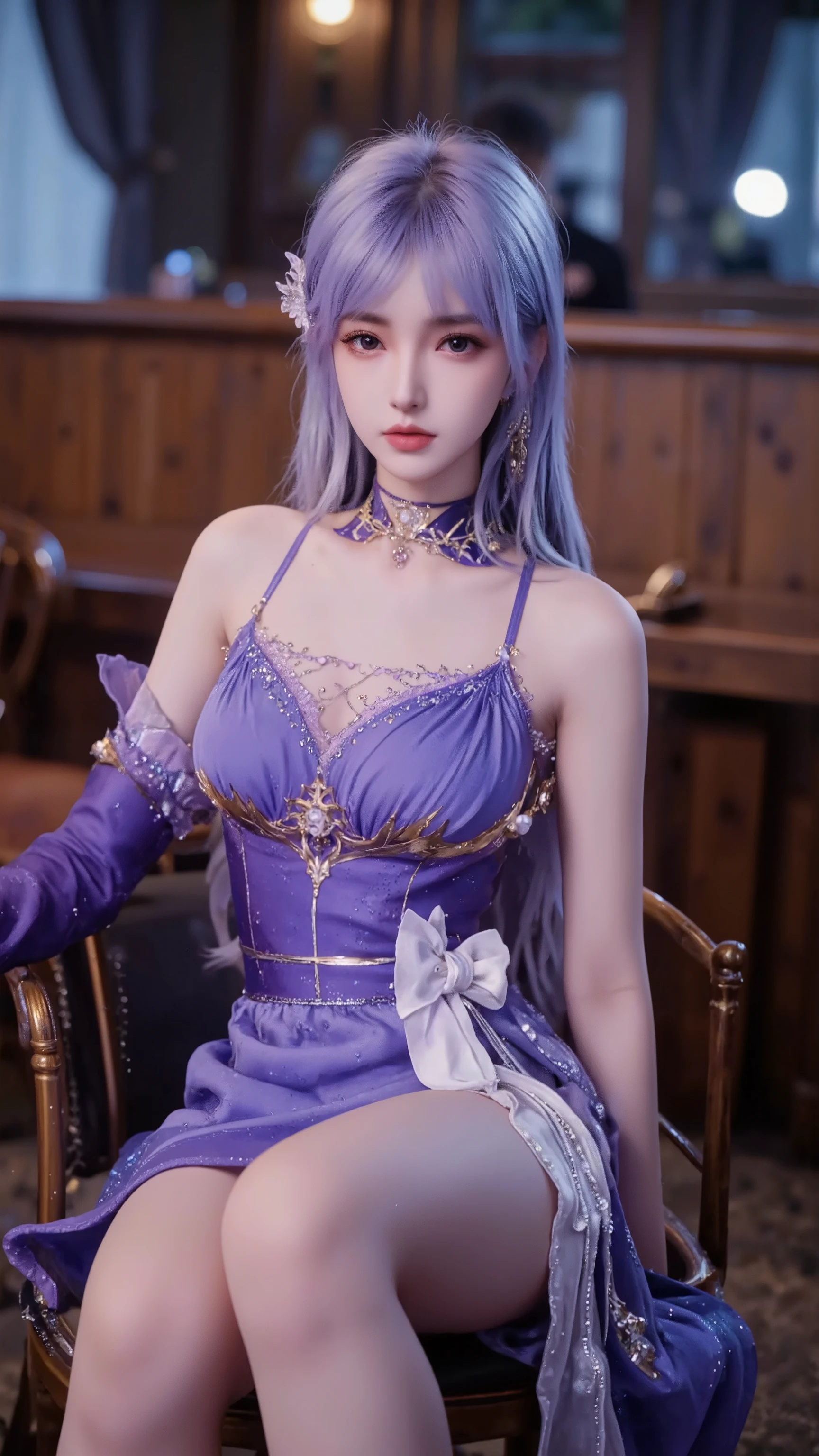 European beauty, Silver hair, In Ancient Rome, Sexy short skirt, Coiled hair, Period clothing，Braids，Long-legged beauty，Transparent underwear，Purple clothes，Big ，Wet genitals，Queen，On the throne，Open your legs
