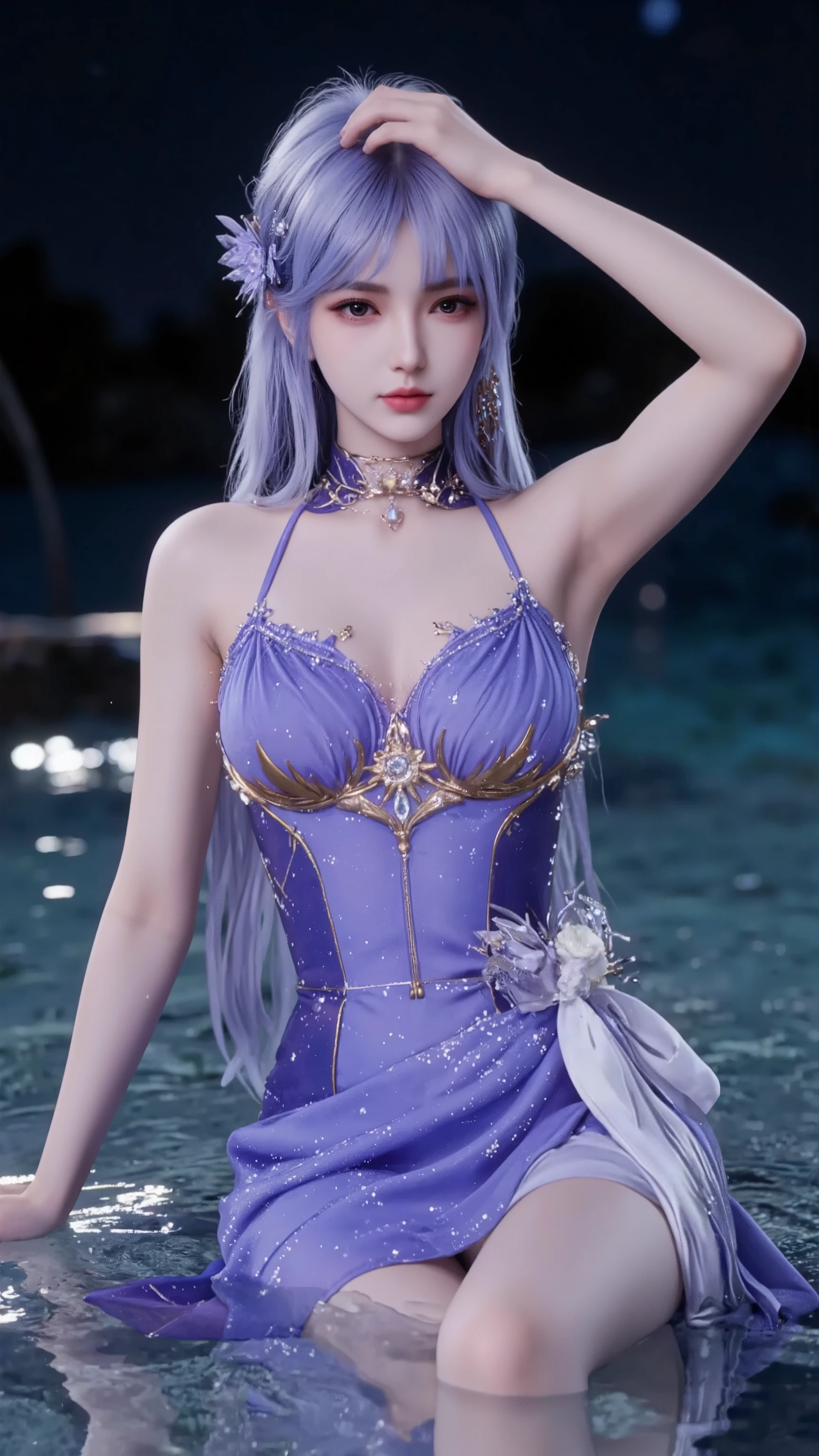 (masterpiece、top-quality、Top image quality、Top resolution、watercolor paiting(Curly)、Official art、Beautifully Aesthetic:1.2)、(1girl in:1.3)、(Fractal Art:1.3)、full body photographed、large full breasts、from side、looking at the viewers、patterns、(rainbow-colored hair、colourful hair、Half blue and half pink hair:1.2)、Eau、liquids、云、colourfull、starrysky、stele、