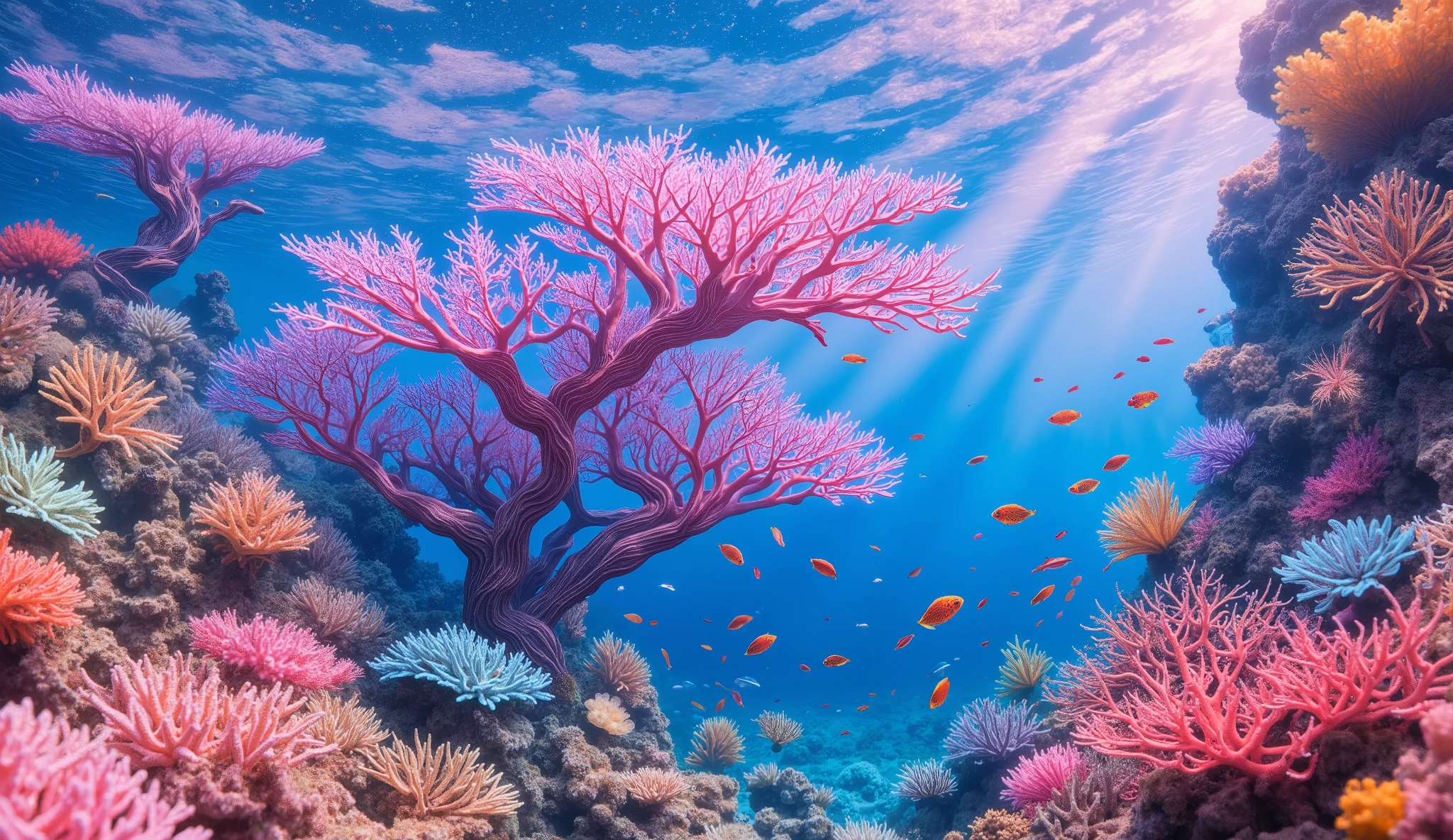(In the water), Undersea heaven ,((Huge table corals with lots of fluorescent green branches stand in the center)),(( coral reefs with dense hard corals and soft corals )),Realistic Expression , shot with a fisheye lens  ,(( Multiple Fluorescent Green Corals )), (( are filled with 10,000 natural coral groups with lots of extremely colorful colors)), (Lots of butterfish are swimming ),(( lots of green and blue soft corals that emit fluorescent colors )), crystal clear water, , strong sunshine ,Vast coral reefs ,Detailed seaweed ,( lots of colorful tropical fish), large blue tropical fish , myriad cobalt sparrows , seahorses, lots of psychedelic starfish on the seabed , life,  lively colors, Serene atmosphere, Quiet, Swaying seaweed ,  array of vibrant colors ) , ( best quality , high resolution:1.2), (In the water photography), ( lively), (  soft diffused lighting  ), Orchestra of Highly Coloured Corals, Vast Seas ,Coral Reef,