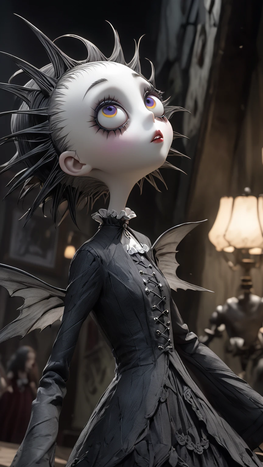 a young 9-year-old daughter of severus snape, a black haired fairy is the wife of bats. she is dressed in skimpy black sheer clothes. she is has scratches on her legs and arms
