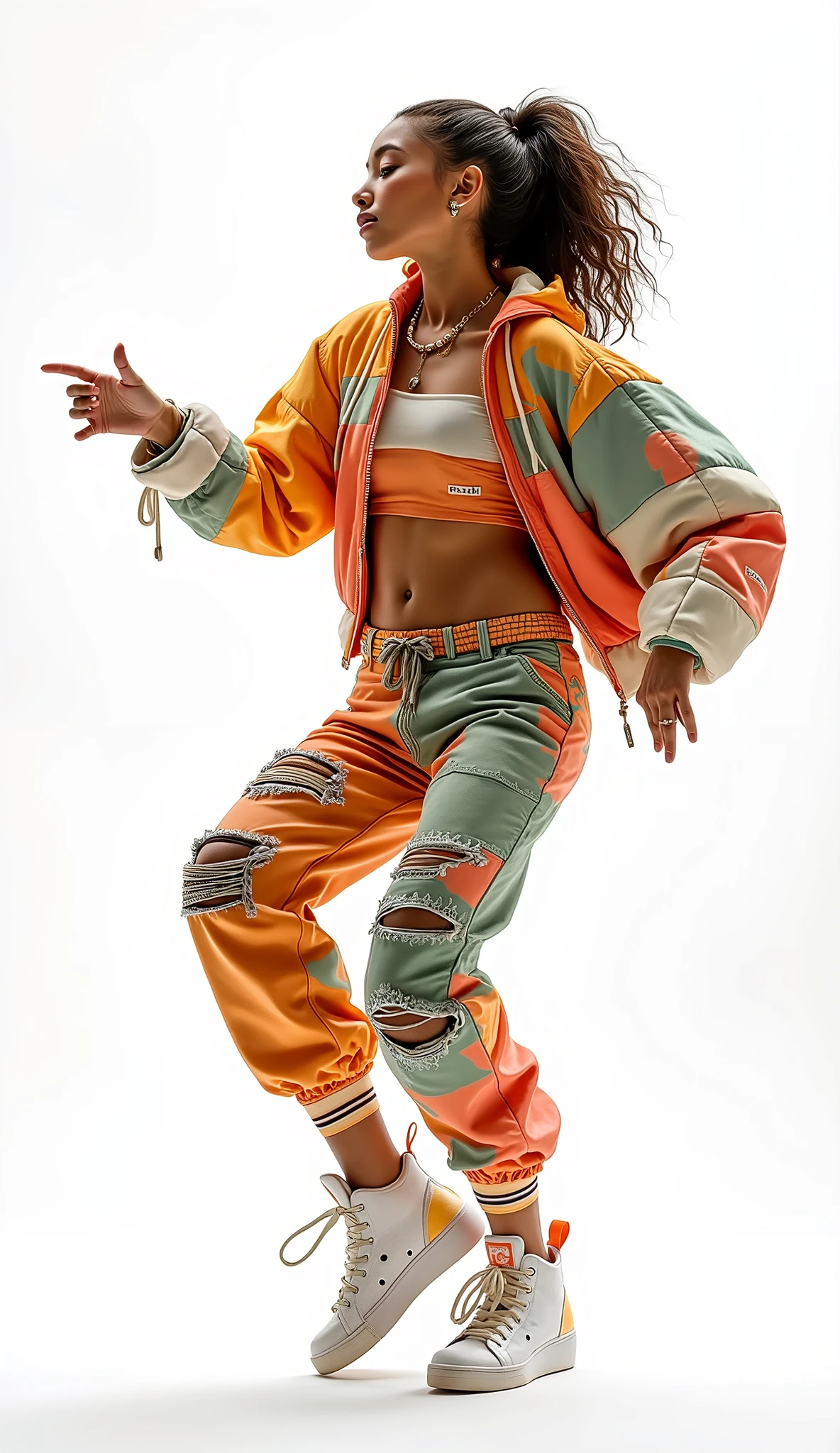 Woman dancing hip-hop, in hip-hop clothing, on a plain white background 