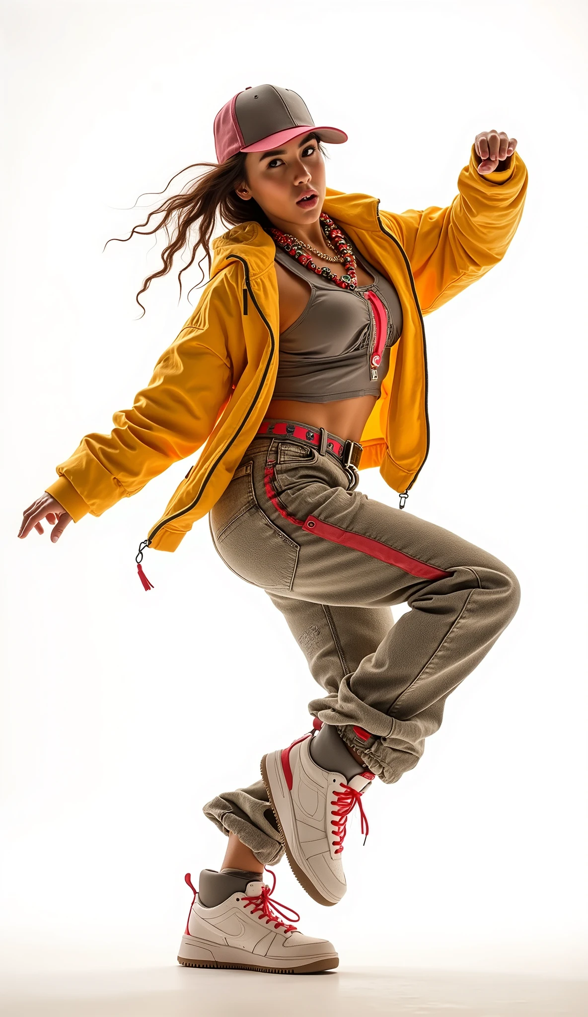 Woman dancing hip-hop, in hip-hop clothing, on a plain white background 