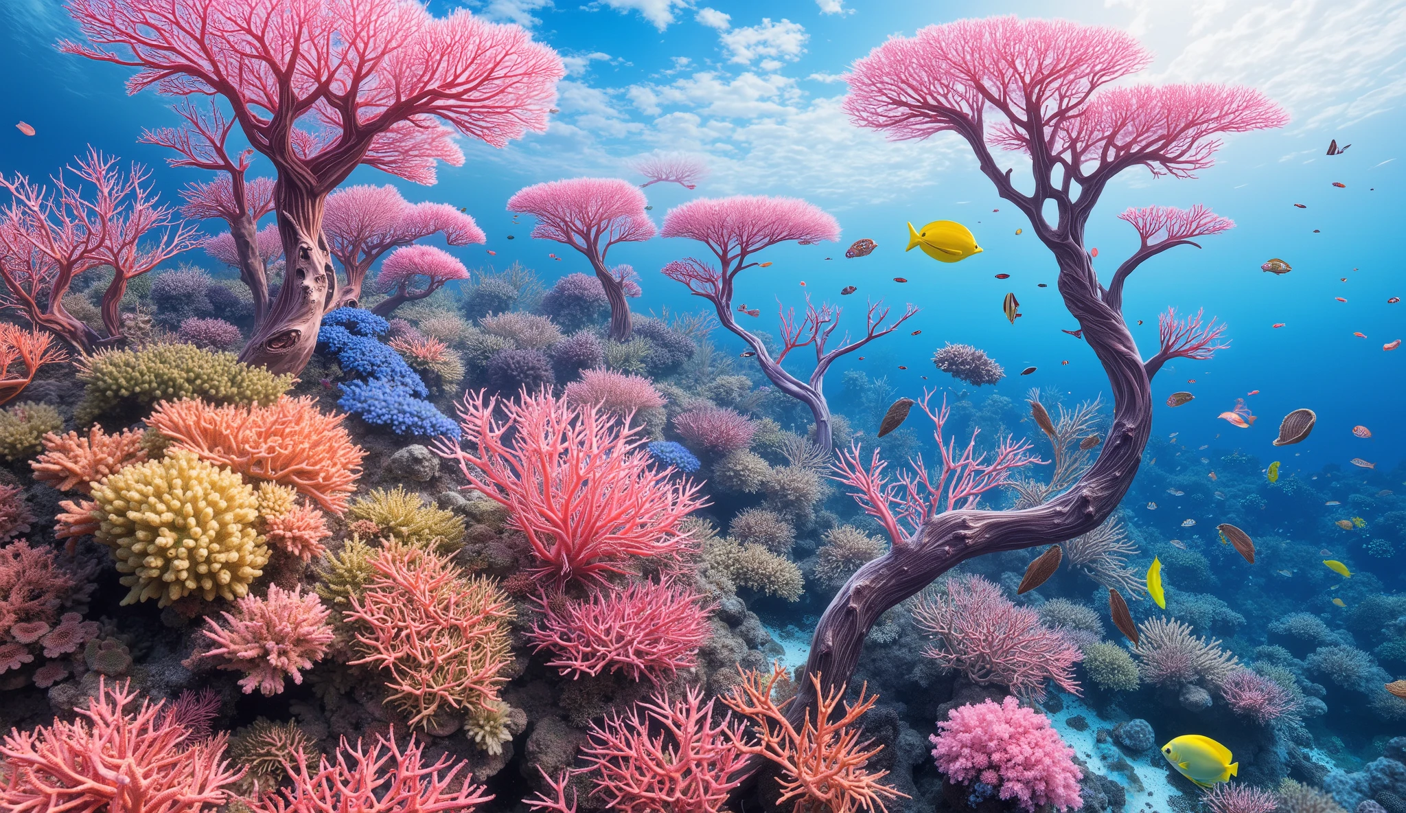 (In the water), Undersea heaven ,((Huge table corals with lots of fluorescent green branches stand in the center)),(( coral reefs with dense hard corals and soft corals )),Realistic Expression , shot with a fisheye lens ,(( Multiple Fluorescent Green Corals )), (( are filled with 10,000 natural coral groups with lots of extremely colorful colors)), (Lots of butterfish are swimming ),(( lots of green and blue soft corals that emit fluorescent colors )), crystal clear water, , strong sunshine ,Vast coral reefs ,Detailed seaweed ,( lots of colorful tropical fish), large blue tropical fish , myriad cobalt sparrows , seahorses, lots of psychedelic starfish on the seabed , life, lively colors, Serene atmosphere, Quiet, Swaying seaweed , array of vibrant colors ) , ( best quality , high resolution:1.2), (In the water photography), ( lively), ( soft diffused lighting ), Orchestra of Highly Coloured Corals, Vast Seas ,Coral Reef,