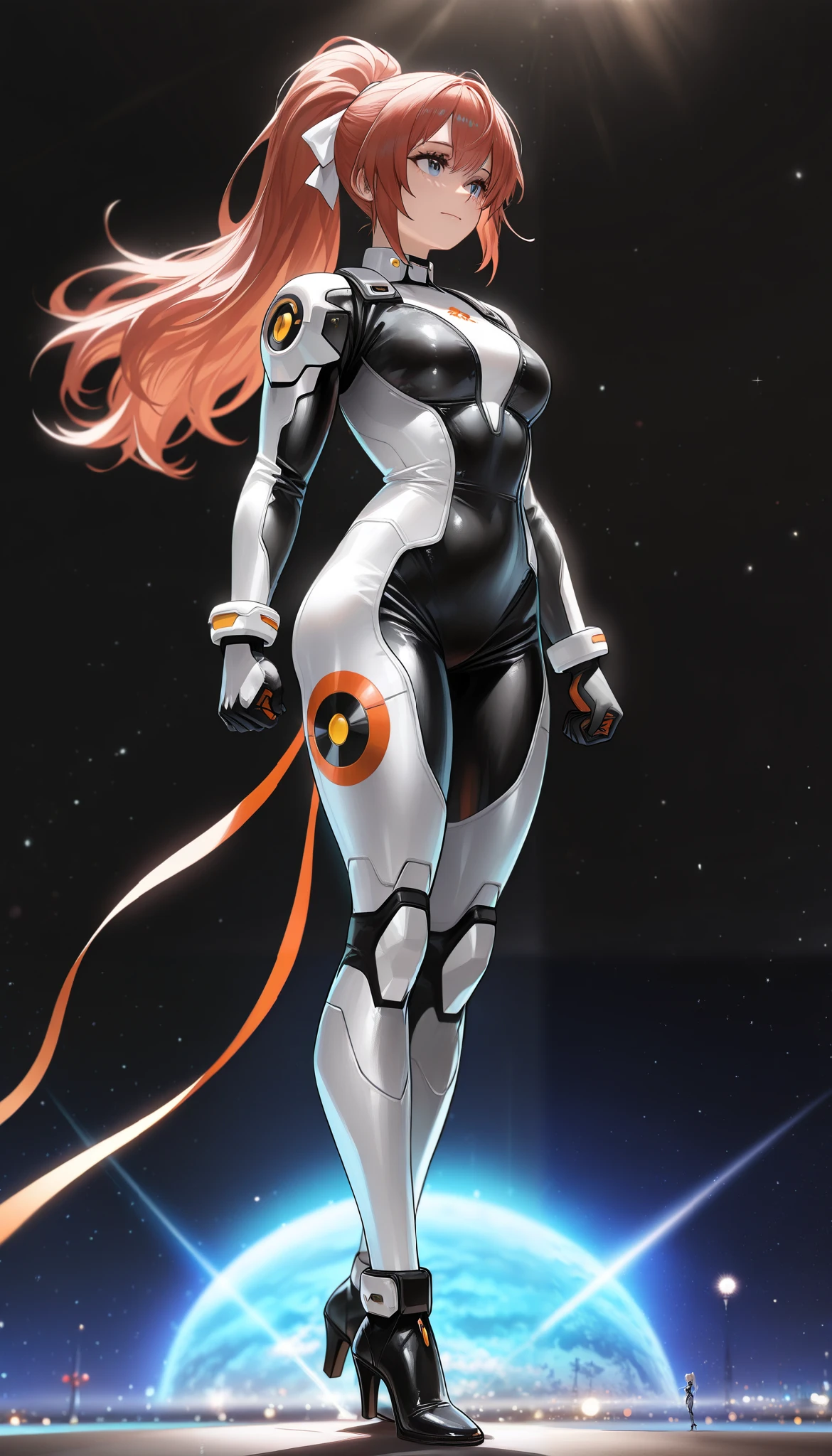 sparkle, cinematic lighting, UHD, (best quality:1.2), high quality, high details, ((anatomically correct)), textured skin, super detail, accurate, Cyberspace, SF, spectacle, independent woman, loneliness, sadness, high-performance costume, Beautiful legs, high heels, Metal suit that follows the contours of her body, long ponytail, ribbon