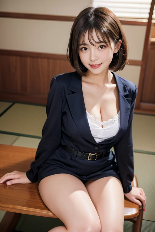 (((leaning forward:1.5,bent over))),Inside a suit shop,Suits lined up,(The skin is wet from sweat:1),(Wearing a shirt:1.2),looking at the camera,Cleavage,smile,Skirt Lift、Lift your skirt with your hands,woman, 20-year-old, Short Hair、bangs、(Plain suit skirt),(White lace panties)、Cute earrings,Natural lighting