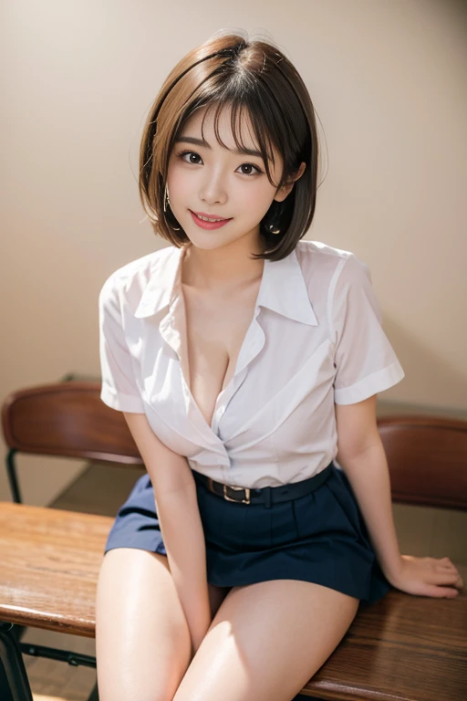 ((White pearl string panties))、 (8K、top-quality、masterpiece:1.2)、(reallistic、Photorealsitic:1.2)、 Phenomenally cute girl、age20, ((Very transparent open white shirt)), squatting,(((Panties that dug into the crotch)))、(((Spread legs wide)))、独奏、watching at viewers、(Sit up:1.5)、tiny chest、Fine and beautiful eyes、)、(Dark blonde hair:1)、(short-hair:1.1)、Spread your legs apart, black skirt, ((office clothes)), A dark-haired, blurry backround,life-like, length hair, s lips, Brown-eyed, white shirt, shirt lift, skirt, head rest, looking to side, plein air, masterpiece, top-quality, ultra-detailliert、(((Spread legs wide)))、Inviting eyes, smiling, earings, nsfw, (nipples peek, 1.1), (revealing clothes), (((I can see nipples))), in office