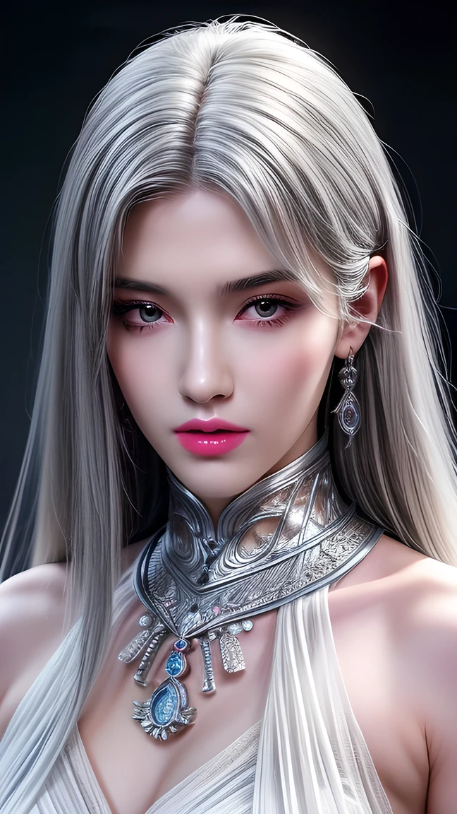 best quality , masterpiece, Big , ( Big Breasts ), detailed skin texture, The detailed texture of the cloth , Delicate Face , super detailed , 8k, intricate details , 1 Girl, 30 years old, high contrast , high resolution eyes , White-haired goddess ,Royal sister,Sexy。