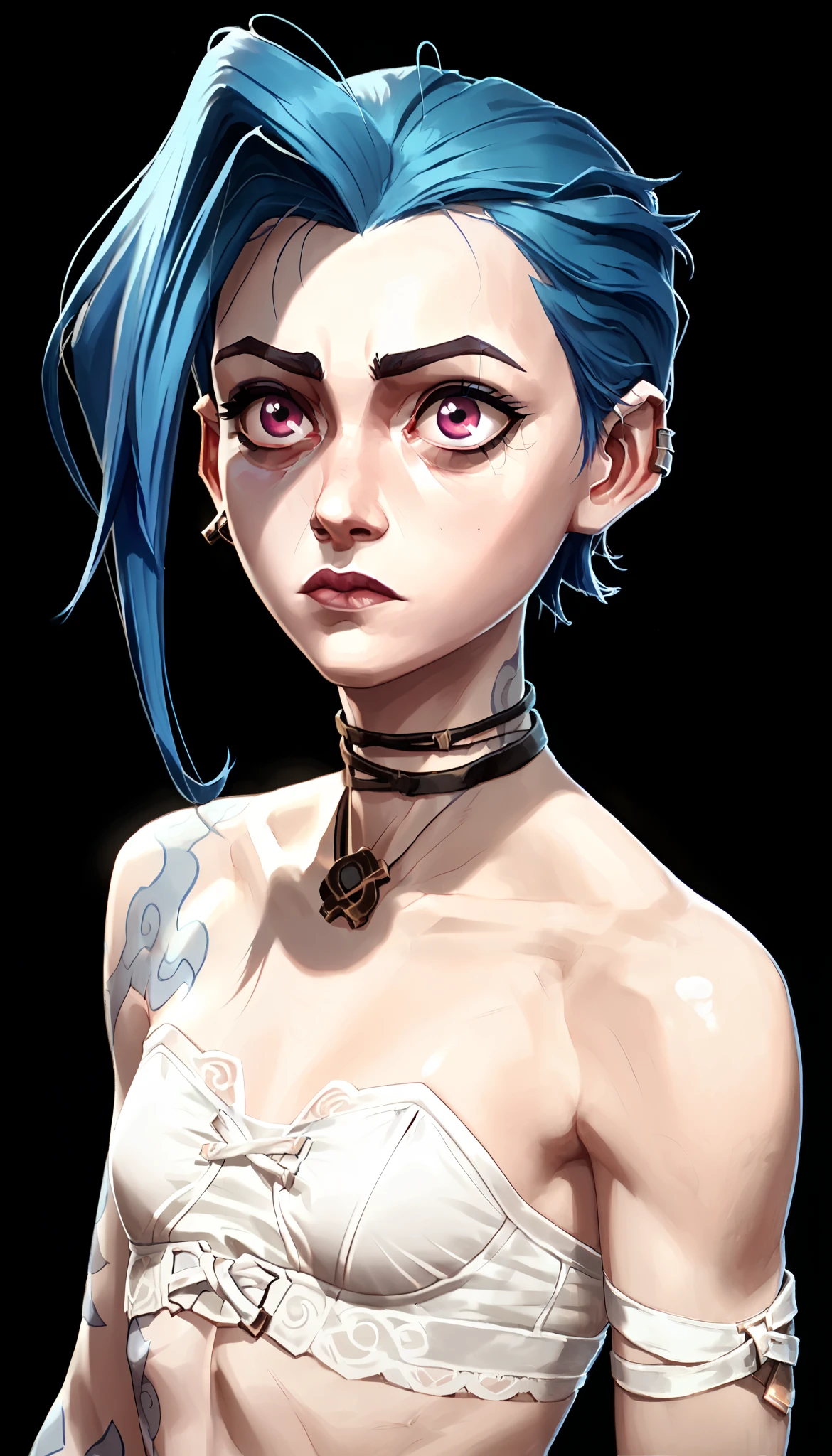 one woman, jinx from league of legends, (purple eyes:1.2), blue hair, short hair, (grey skin:1.3), (upper body:1.3), (black background, clear background:1.5), (studio lights, deep shadows:1.3), (small chest, slender body, bare shoulders, bare hands:1.2), (small white strapless bra:1.5), (curious face:1.2)
