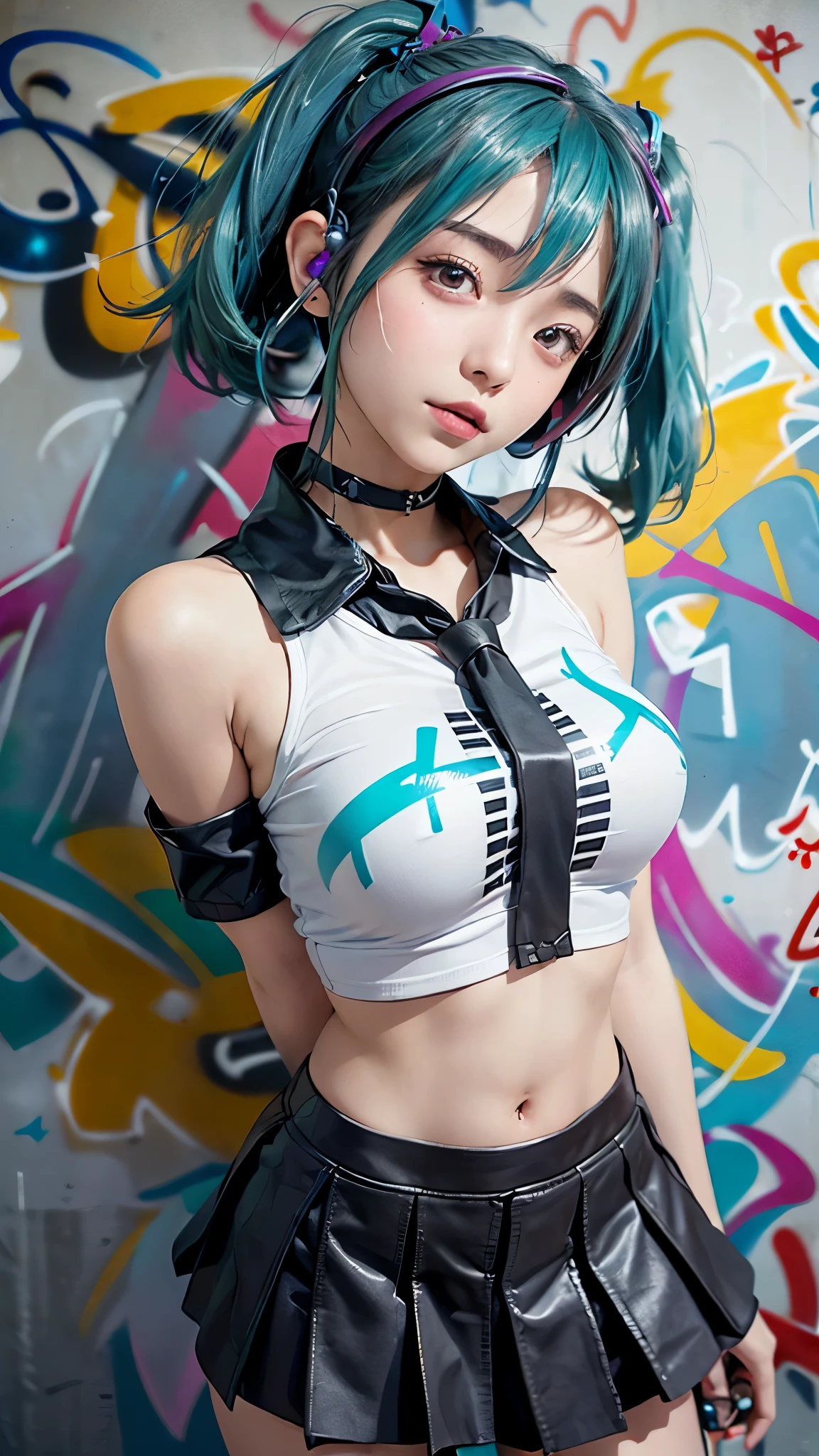 soldier suit girl, gun, superlative, masterpiece, seduction, full body, heavy makeup, hair ties, slightly open mouth, big eyes, glossy, very pretty face, slender waist, sex pack, rainbow hair