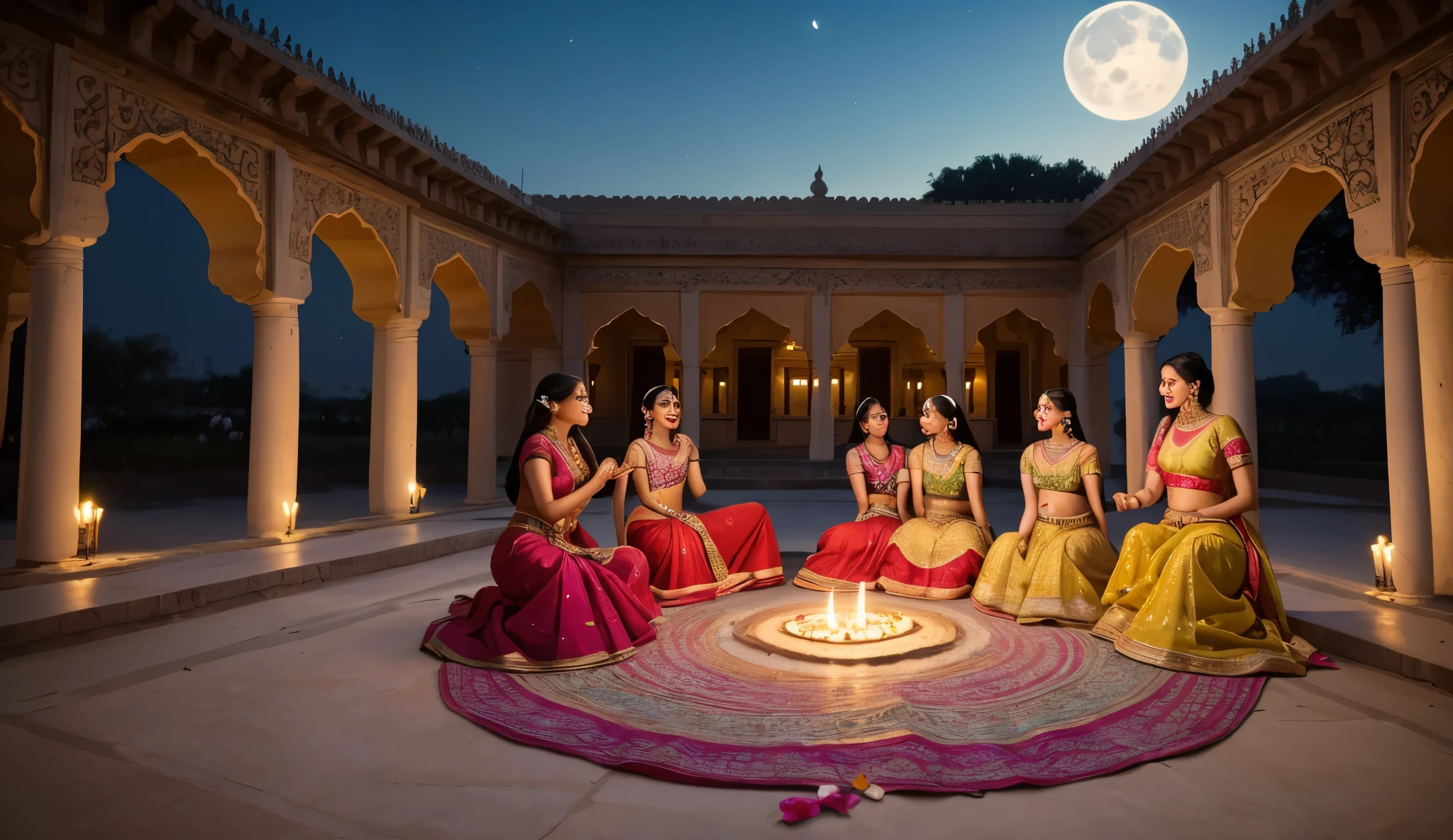 Opening Scene:
The camera zooms into a beautiful evening sky where the moonlight softly kisses the palace walls. A group of women dressed in traditional lehengas with vibrant colors and intricate embroidery dances gracefully in the courtyard. They are surrounded by rangoli patterns, diyas, and flower petals.