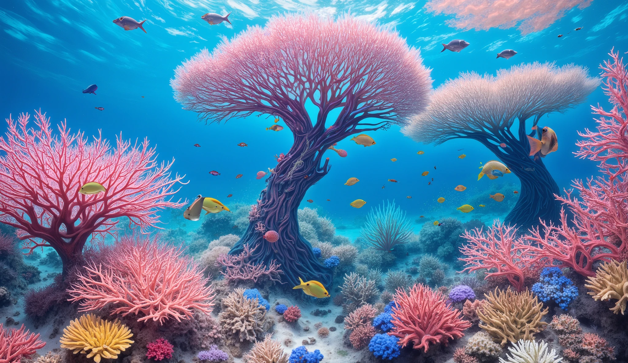 (In the water), Undersea heaven ,((Huge table corals with lots of fluorescent green branches stand in the center)),(( coral reefs with dense hard corals and soft corals )),Realistic Expression , shot with a fisheye lens ,(( Multiple Fluorescent Green Corals )), (( are filled with 10,000 natural coral groups with lots of extremely colorful colors)), (Lots of butterfish are swimming ),(( lots of green and blue soft corals that emit fluorescent colors )), crystal clear water, , strong sunshine ,Vast coral reefs ,Detailed seaweed ,( lots of colorful tropical fish), large blue tropical fish , myriad cobalt sparrows , seahorses, lots of psychedelic starfish on the seabed , life, lively colors, Serene atmosphere, Quiet, Swaying seaweed , array of vibrant colors ) , ( best quality , high resolution:1.2), (In the water photography), ( lively), ( soft diffused lighting ), Orchestra of Highly Coloured Corals, Vast Seas ,Coral Reef,