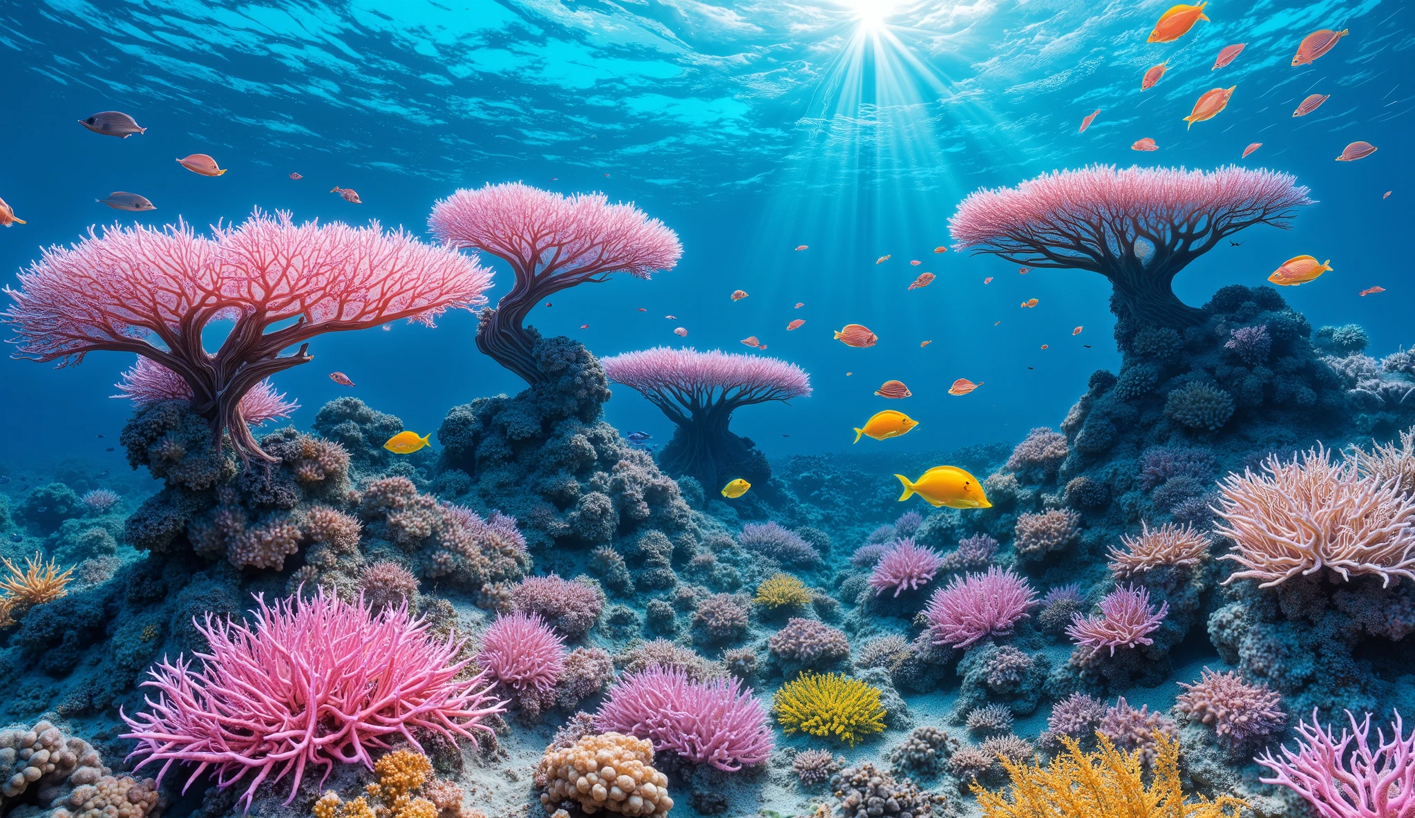 (In the water), Undersea heaven ,((Huge table corals with lots of fluorescent green branches stand in the center)),(( coral reefs with dense hard corals and soft corals )),Realistic Expression , shot with a fisheye lens  ,(( Multiple Fluorescent Green Corals )), (( are filled with 10,000 natural coral groups with lots of extremely colorful colors)), (Lots of butterfish are swimming ),(( lots of green and blue soft corals that emit fluorescent colors )), crystal clear water, , strong sunshine ,Vast coral reefs ,Detailed seaweed ,( lots of colorful tropical fish), large blue tropical fish , myriad cobalt sparrows , seahorses, lots of psychedelic starfish on the seabed , life,  lively colors, Serene atmosphere, Quiet, Swaying seaweed ,  array of vibrant colors ) , ( best quality , high resolution:1.2), (In the water photography), ( lively), (  soft diffused lighting  ), Orchestra of Highly Coloured Corals, Vast Seas ,Coral Reef,