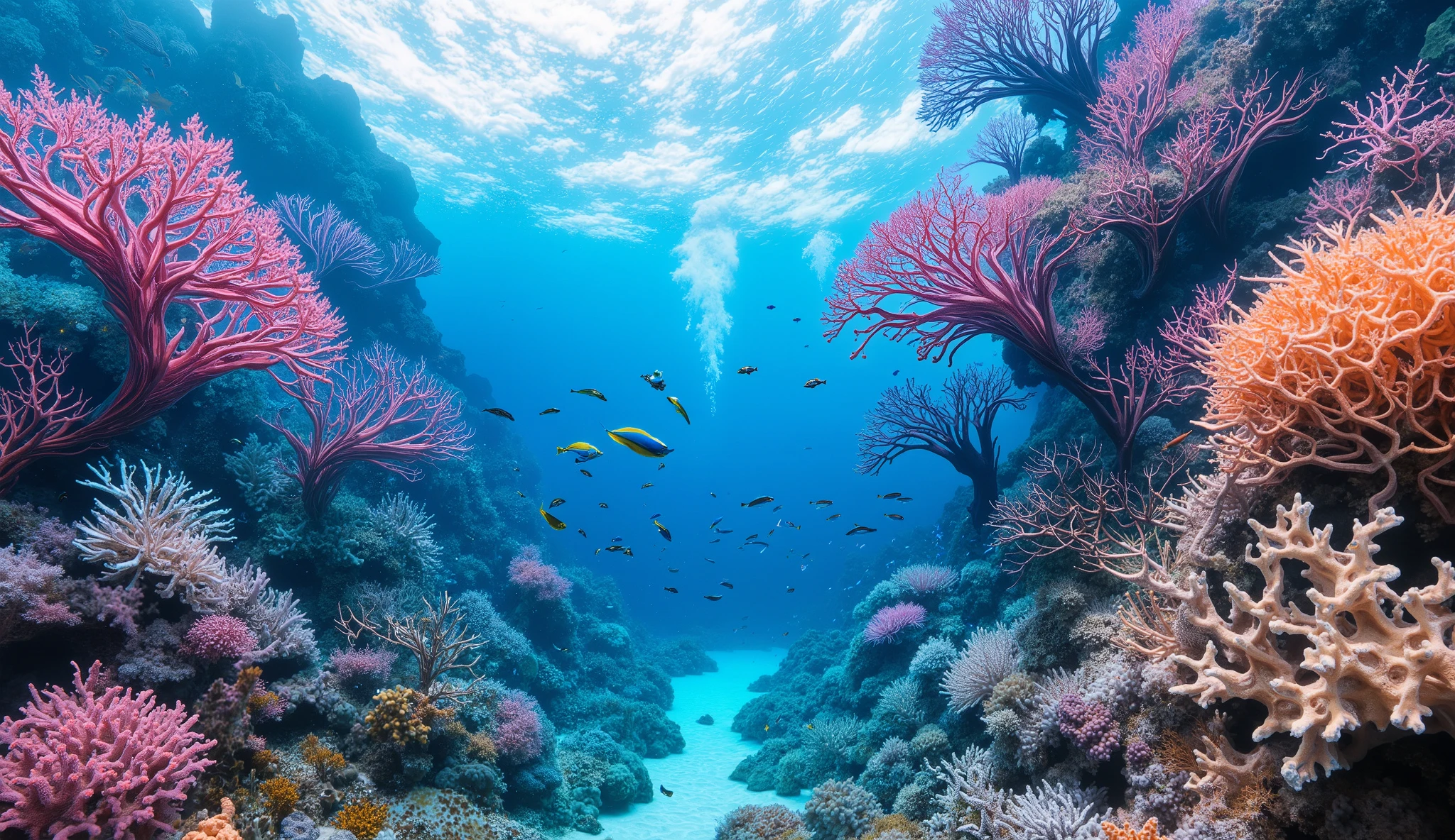 (In the water), Undersea heaven ,((Huge table corals with lots of fluorescent green branches stand in the center)),(( coral reefs with dense hard corals and soft corals )),Realistic Expression , shot with a fisheye lens  ,(( Multiple Fluorescent Green Corals )), (( are filled with 10,000 natural coral groups with lots of extremely colorful colors)), (Lots of butterfish are swimming ),(( lots of green and blue soft corals that emit fluorescent colors )), crystal clear water, , strong sunshine ,Vast coral reefs ,Detailed seaweed ,( lots of colorful tropical fish), large blue tropical fish , myriad cobalt sparrows , seahorses, lots of psychedelic starfish on the seabed , life,  lively colors, Serene atmosphere, Quiet, Swaying seaweed ,  array of vibrant colors ) , ( best quality , high resolution:1.2), (In the water photography), ( lively), (  soft diffused lighting  ), Orchestra of Highly Coloured Corals, Vast Seas ,Coral Reef,