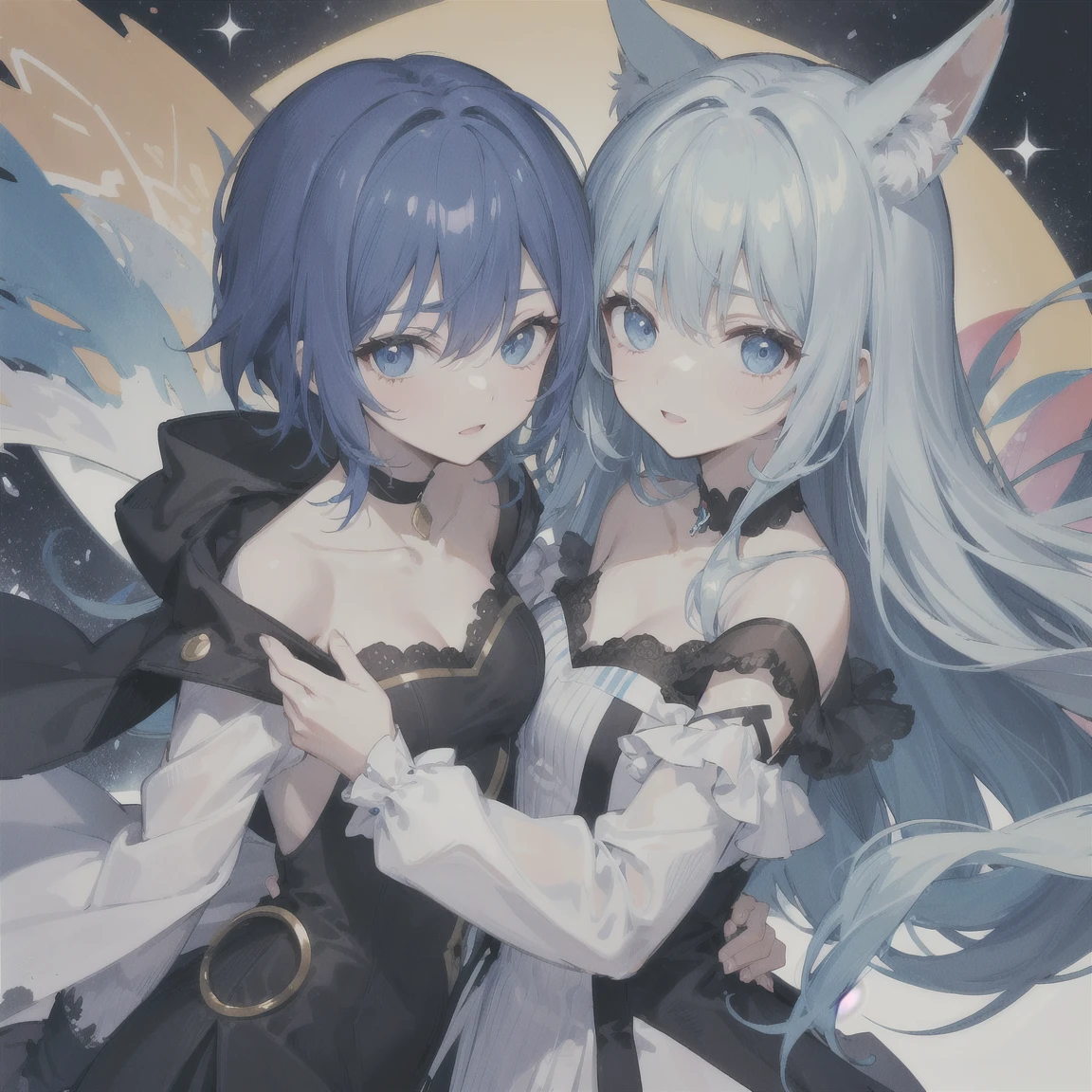 anime girl、high quality、best image quality、detailed face、Detailed details、frilly clothes、white dress、dress、two girls are sitting back to back、blue hair、pretty girl、look at the camera、plump breasts、looking at the viewer、attractive girl、very detailed、artwork、abstract background、Light and shadow、Two people hugging each other、beautiful girl、hair ornaments