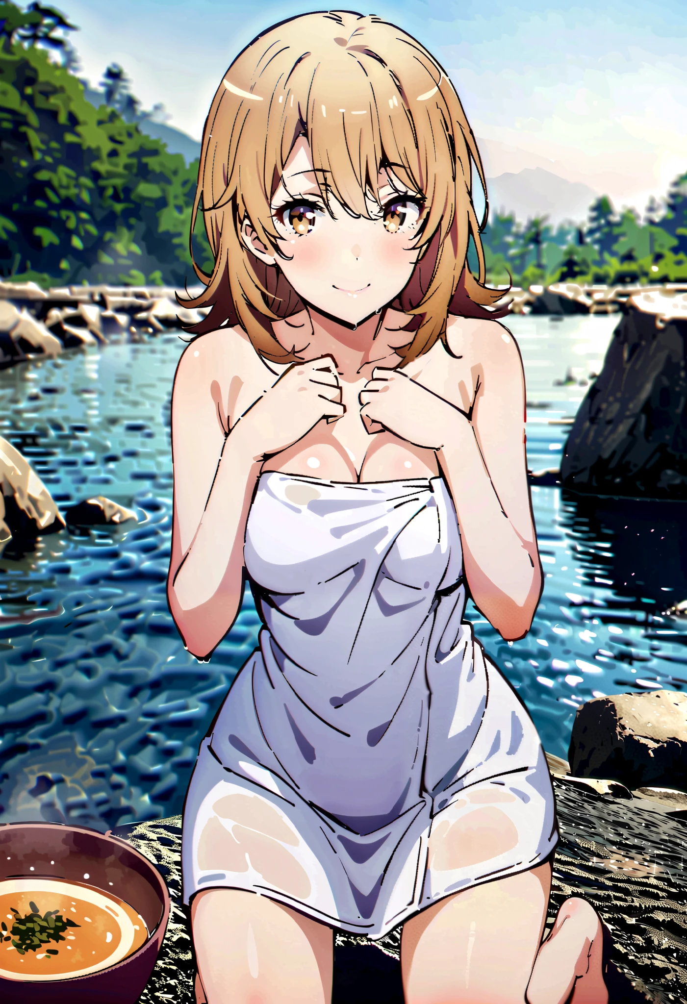 Iroha Isshiki, short hair, tea hair, ( brown eyes:1.5), smile, naked towel, on all fours, wet hair,Wet Naked, wet towel, hands on chest,Single chauban,smile,blush, mouths,Medium breast, cleavage in years,winter,rock,Soup,whole bodyがイラストに入るように,
break outdoors, outdoor hot springs,
break looking at viewer,whole body,
break (masterpiece:1.2), best quality , kampala,unity 8k wallpaper,(shape:0.8),( fine and beautiful eyes :1.6),It's a person ,whole body写真,CG Details , (perfect hand, complete anatomy),
