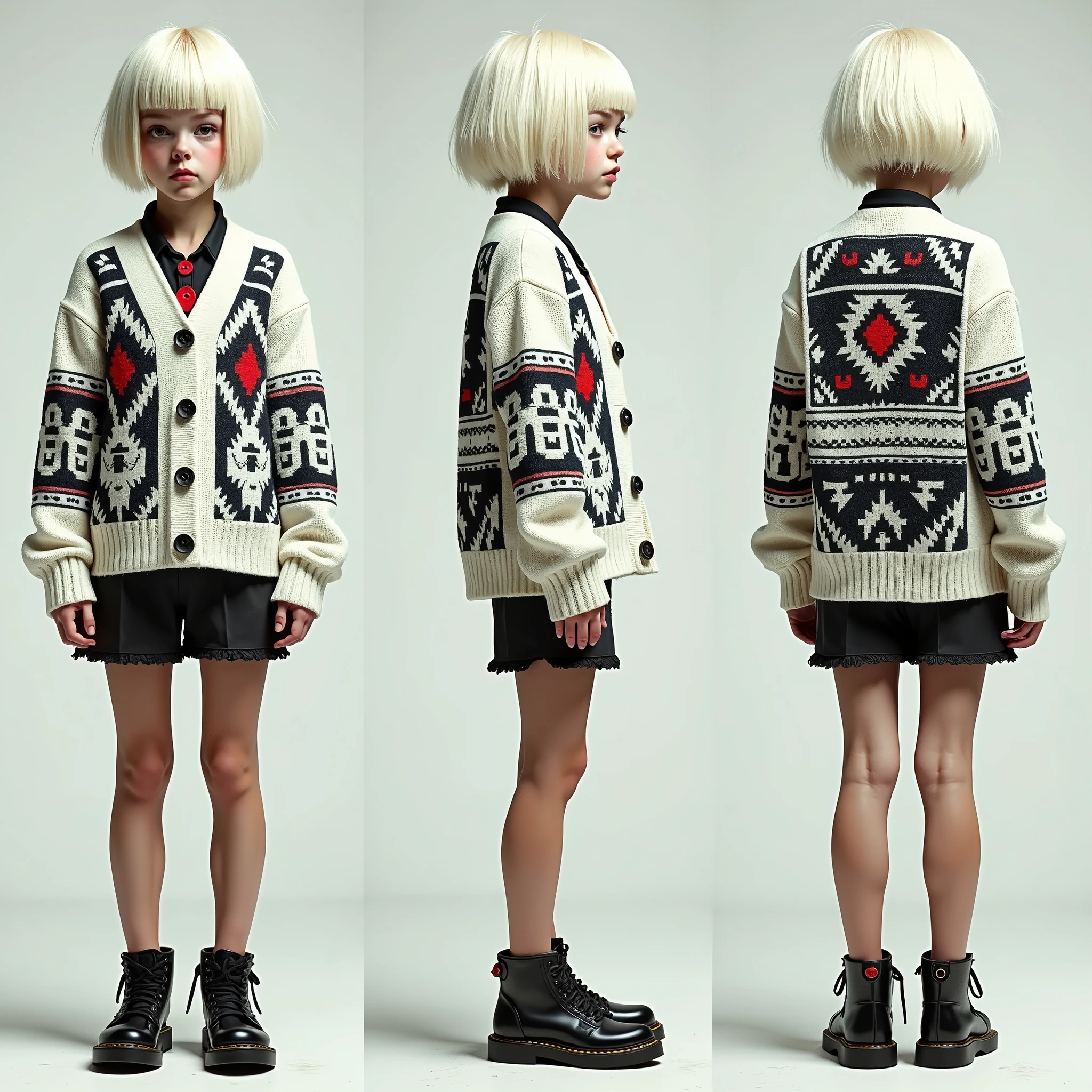 Full body portrait、Extra thick thread で編まれたカウチンカーディガンを着ている少女、［Jacket composition ：暗い赤色を基調にしたgreyとblackの模様がある,[Dark red:4、grey:１、black:１],］、cyberpunk emo girl  、(( HARDCORE PUNK GIRL))、 Extra thick thread 、((Cowichan sweater))、 Bugs and Ethnic-Themed Outfits 
