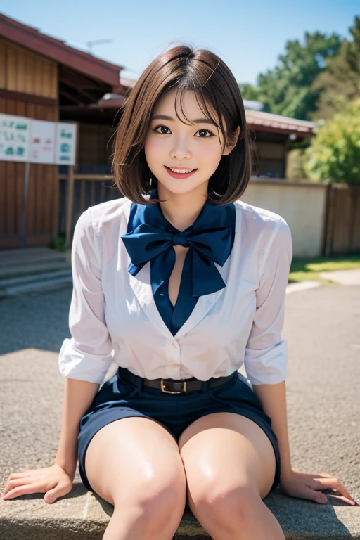 masutepiece、top-quality、ultra-definition、((a 18 year old girl、Beautiful detailed girl))、Smile、short-hair、beautiful detailed eyes and face、extremely detailed eye、Well-formed and cute face:1.2、japanes、goddess of Japan、small head、with round face、hight resolution、tre anatomically correct、accurate depiction、crossing legs and Sitting on the desk、Young gravure idols、poseing、校服、White shirt、Blue skirt、Red tie、White pants、You can see the pants here、bare-legged、large full breasts、Perfect body、good hands good feet、masutepiece、Over Head Shot