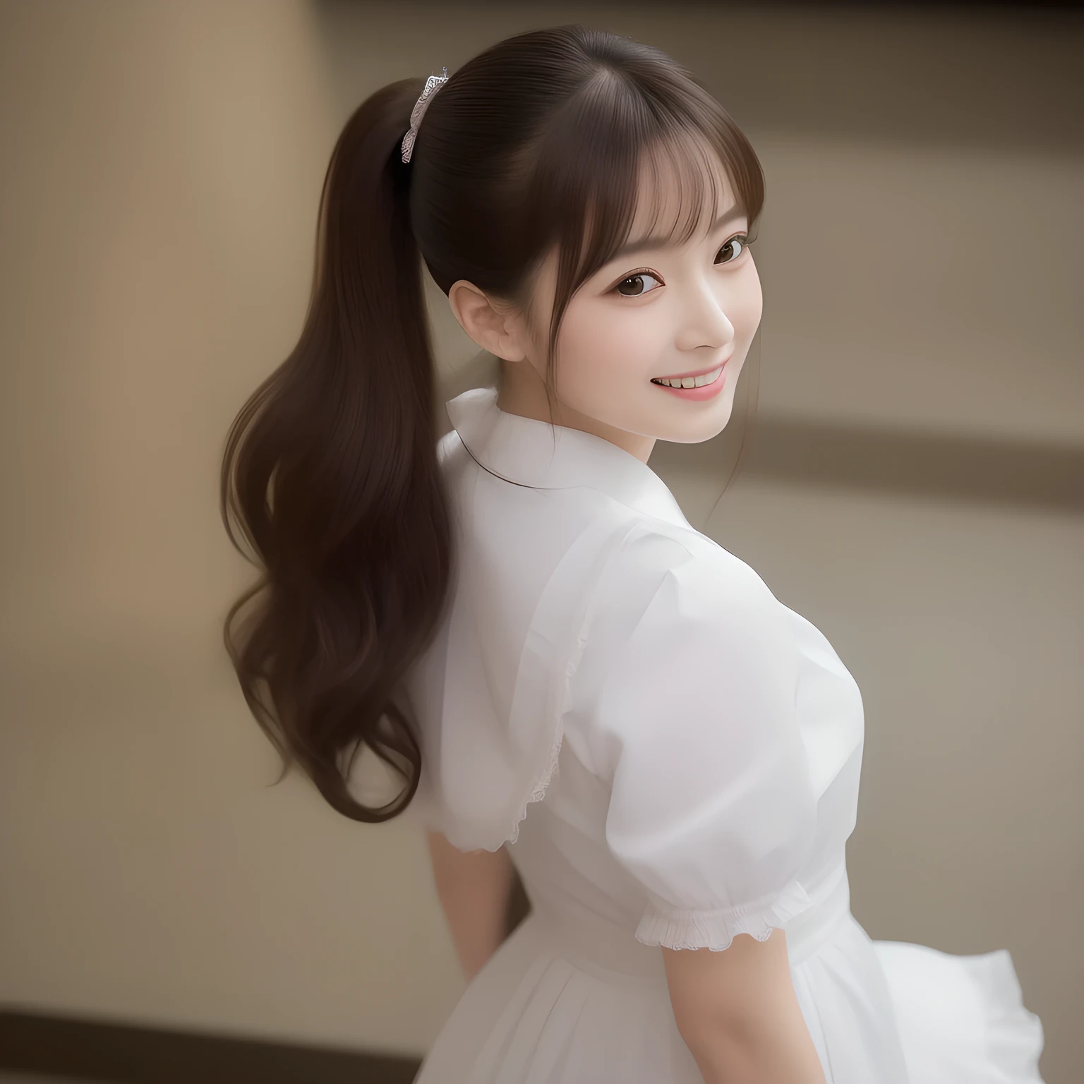 (highest quality, masterpiece, high resolution:1.2), 4K, (Photo quality detailed face: 1.5), geometry, Too beautiful receptionist of Famous Japanese enterprise company. Soft and sweetest expression. (Frilled blouse), (Full body shot from her back), (Walking and laughing and turning to me), (Long pony-tail hair, ribbon hair clip), (Guiding me to deep underground luxurious altar going down stairs)