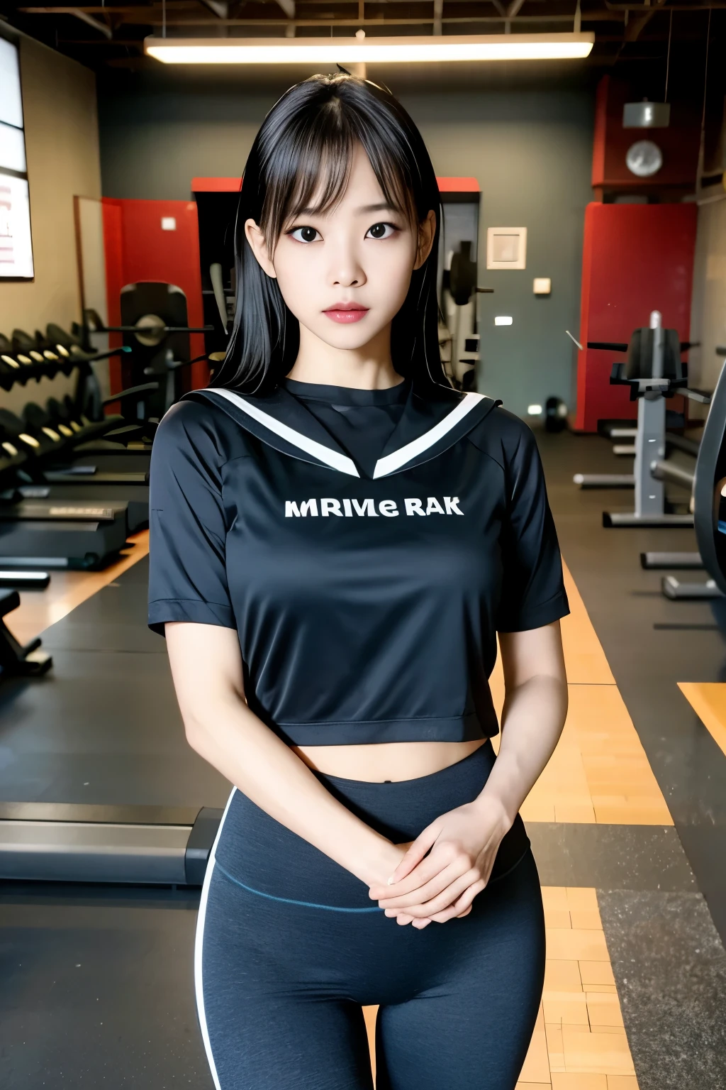  (8k,  RAW photo,  best quality , Masterpiece:1.3), ( realistic, photo- realistic:1.4), (  high detail 8k wallpaper  ),  sharp concentration,  The Depth of Written Boundaries,
  Japanese idol, is very cute,(), ( workout clothes:1.3),( shortcuts : 1.3),  look at us , whole body,  high-definition face and eyes,((  shiny skin with s:1.2)), Cinema Lighting, Soft light,  blur the background ,  training room)