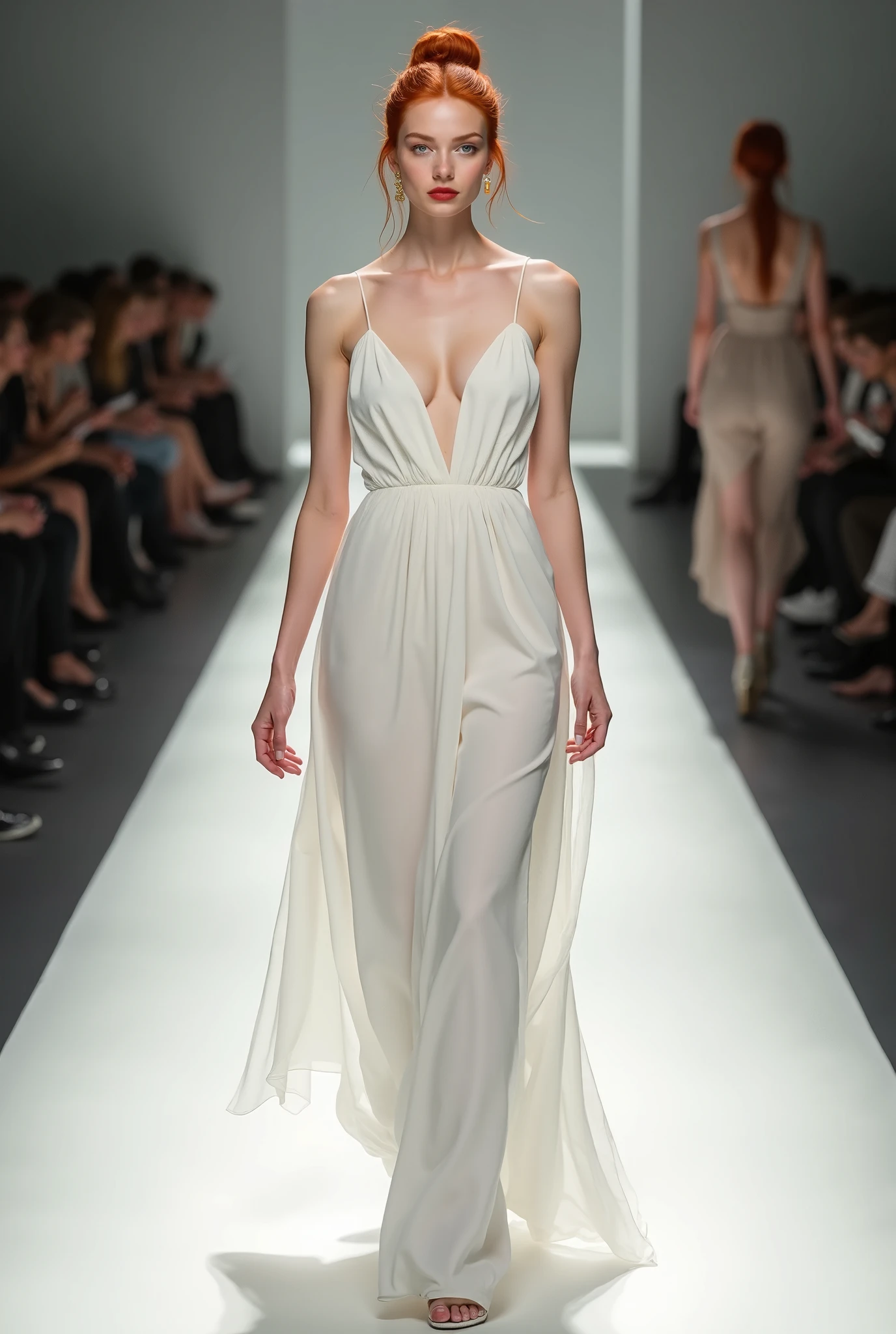 female model on the catwalk wearing a white fringed cross-chest dress