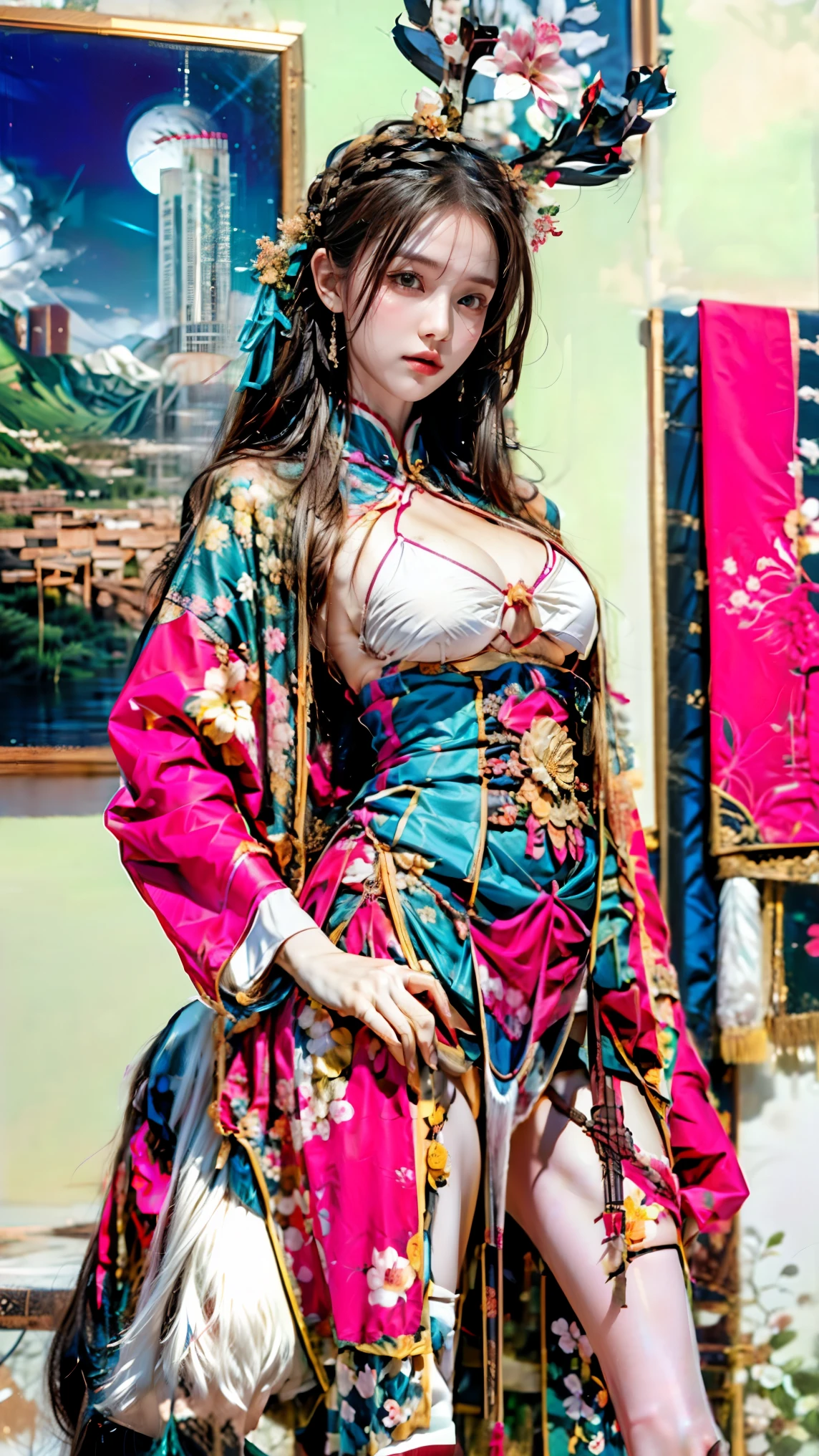 sparkle_honkai,1girl,((stand posing for photo)),short kimono,bare shoulders, beautiful eyes, twintails,black hair,long hair,flower hair ornament,bare legs, perfect model body proportions, full body,(wide shot,realistic,photorealistic), (masterpiece, best quality, high quality), (colorful), (delicate eyes and face, realistic skin, moderately large breasts), extremely detailed CG unity 8k, profesional studio lighting, white wall