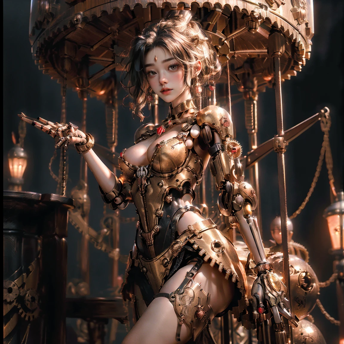 (masterpiece: 1.2), (best quality: 1.2), newest and most intricate details ((nsfw)), american shot: 1.4, revealing cleavage, bare breasts, ((standing)), back view, perfect anatomy, ((small body)), small face, beautiful legs , detailed face, ((flat chest)), red hair, very long hair fluttering, mischievous face, photo-realistic theme, beautiful android girl, (mechanical body), vibrant colors ((detailed mechanical parts visible)), relief decoration on the body. , shiny gold on black, white (floral design embellishments on mechanical parts), lace dress and black latex mini leotard (tutu: 1.2), playing with teddy bears, ((intricate arcade machines)), arcade, arcade machines , joystick, arcade monitors, newest, AI generate