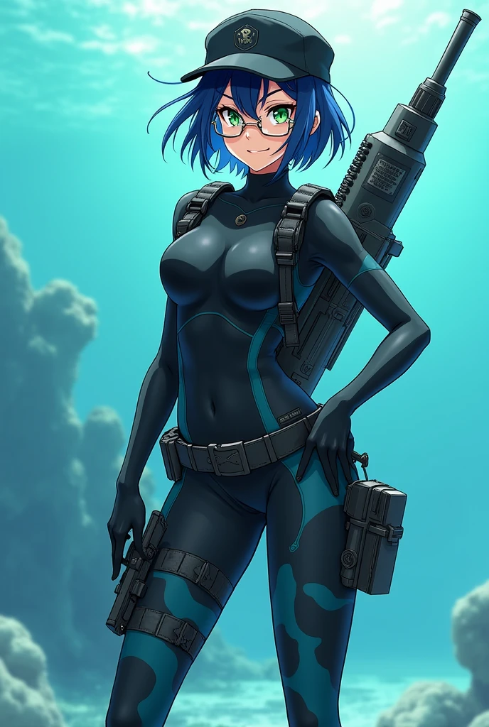 ultra-detailed, Explicit, Beautiful body, Beautiful Nose, Beautiful character design, perfect eyes, perfect face, ultra highres, 4K, beautiful legs, perfect legs, Nice hands, Perfect hand, Masterpiece, Best Quality, Highly detailed, illustration, absurdres, perfect anatomy, street fighter, doll suit, shadaloo doll, dollsuit, expressionless, blank eyes, looking at viewer, red gloves, emotionless, black latex, corruption, mind control, female combatant, full body, hypnotized, unhappy trance, full body suit, ribbed bodysuit, both arms at side, obey, perfect female body, extremely glossy latex, hypnosis, hypnoLora, empty eyes, Mind control device, poses, submissive_pose, Slave, standing straight, standing, standing at attention, hat, necktie, belt, latex, ribbed bodysuit, thigh Highs, garter belt, Fighting Stance, extending the right arm from the shoulder into the air with a straightened hand, military, thigh boots, black pantyhose, (((pixel-perfect, detail-perfect))), solo, 1girl, hair ornaments, short hair, blue hair, blue eyes, Flat breast, azuma tokaku, Akuma no Riddle, evilsmile, evil grin