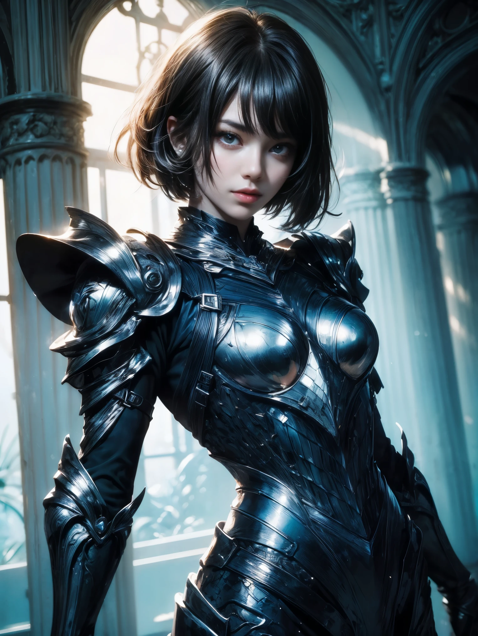 a woman, 1girl, short bob black hair, small breasts, blue sky eyes!!!, fait skin, blank face, sexy tight black ninja outfit, bare arm, bare leg, night, medieval japanese town, very sexy body, detailed face, beautiful detailed eyes, beautiful detailed lips, extremely detailed eyes and face, long eyelashes, detailed clothing, intricate details, highly detailed, photo realistic, 8k, best quality, masterpiece, cinematic lighting, dramatic lighting, vibrant colors, fantasy, digital art, concept art