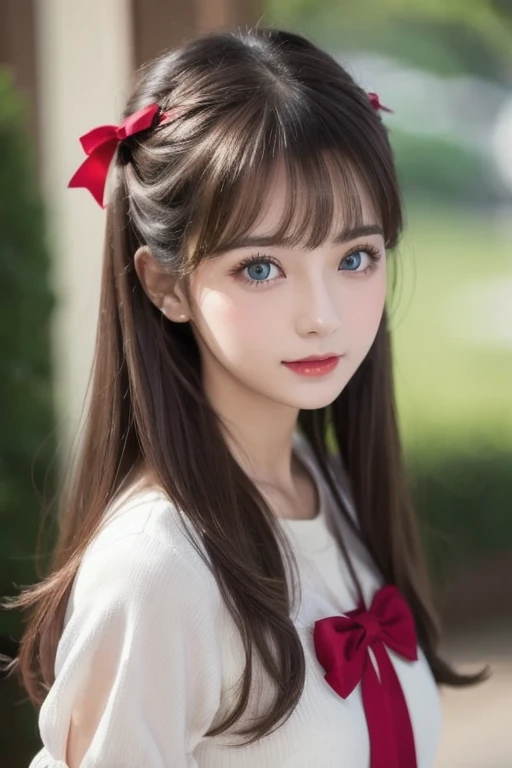 (extreme close-up:1.1) ,backgrounds, lady,portrait ,black beauty, 2girls, :d, ahoge, animal ear fluff, animal ears, bell, blush, bright pupils, brown hair, cat ears, cat girl, cat tail, choker, collarbone, fang, flower, grey hair, hair flower, hair ornament, hair ribbon, happy, heart, jingle bell, long hair, long sleeves, looking at viewer, multiple girls, neck bell, open mouth, red eyes, ribbon, simple background, smile, tail, tongue, white background, white flower, white hair, white pupils