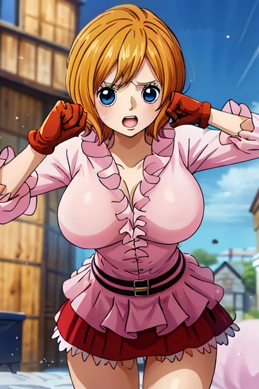 Nami from One Piece showing off her chichis