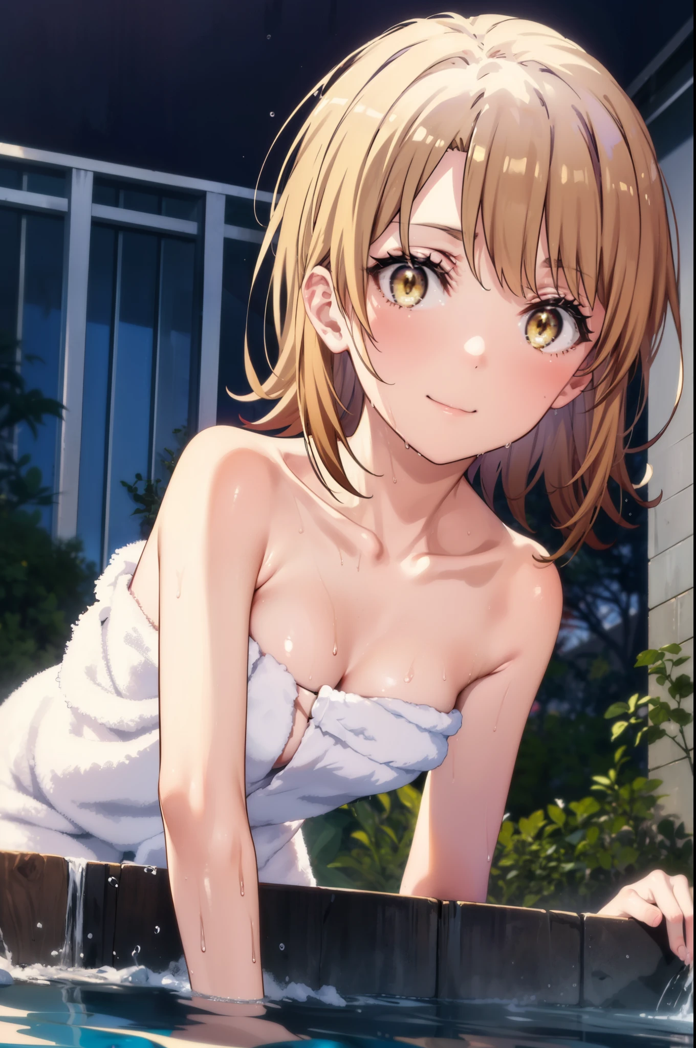 Irohaisshiki, Isshiki Iroha , short hair, tea hair, ( brown eyes:1.5), smile, naked towel, on all fours, wet hair,Wet Naked, wet towel, hands on chest,Single chauban,smile,blush, mouths,Medium breast, cleavage in years,winter,rock,Soup,whole bodyがイラストに入るように,
break outdoors, outdoor hot springs,
break looking at viewer,whole body,
break (masterpiece:1.2), best quality , kampala,unity 8k wallpaper,(shape:0.8),( fine and beautiful eyes :1.6),It's a person ,whole body写真,CG Details , (perfect hand, complete anatomy),