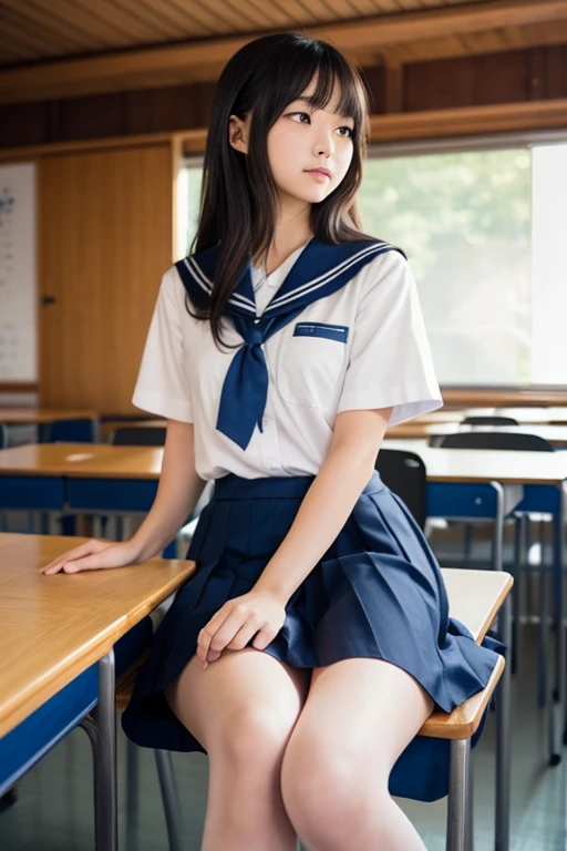 (Raw photo, Best Quality), (Realistic, Photorealsitic:1.3), masterpiece, Extremely delicate and beautiful, ((Soft light)), ((dark-haired, , bob, short hair, semi long, hair sidelocks)), Beautiful detailed girl, (Detailed fingers), extremely detailed eye and face, beautiful detailed nose, Beautiful detailed eyes, 1 girl, (armpits, Under the glossy armpits),  (Japanese  School Student Woman, 18 years old), Neat and clean beauty, Cute, young, ((tiny, skinny, Small hips, beauty leg, skinny legs skinny knee), ((white thighs)), (full body shot:1.2, cowboy shot), (looking at viewer), ((School Uniform, Navy and blue and white plaid pleated skirt)), ((Sailor Uniform, red tie, blue skirt)), (Short sleeve uniform white shirt), (((thighs, thighhigh, pure white))), surreal high school girl, wearing white panties, ((from above: 0.8)), ((Sitting classroom)), (Bokeh:1.2), 